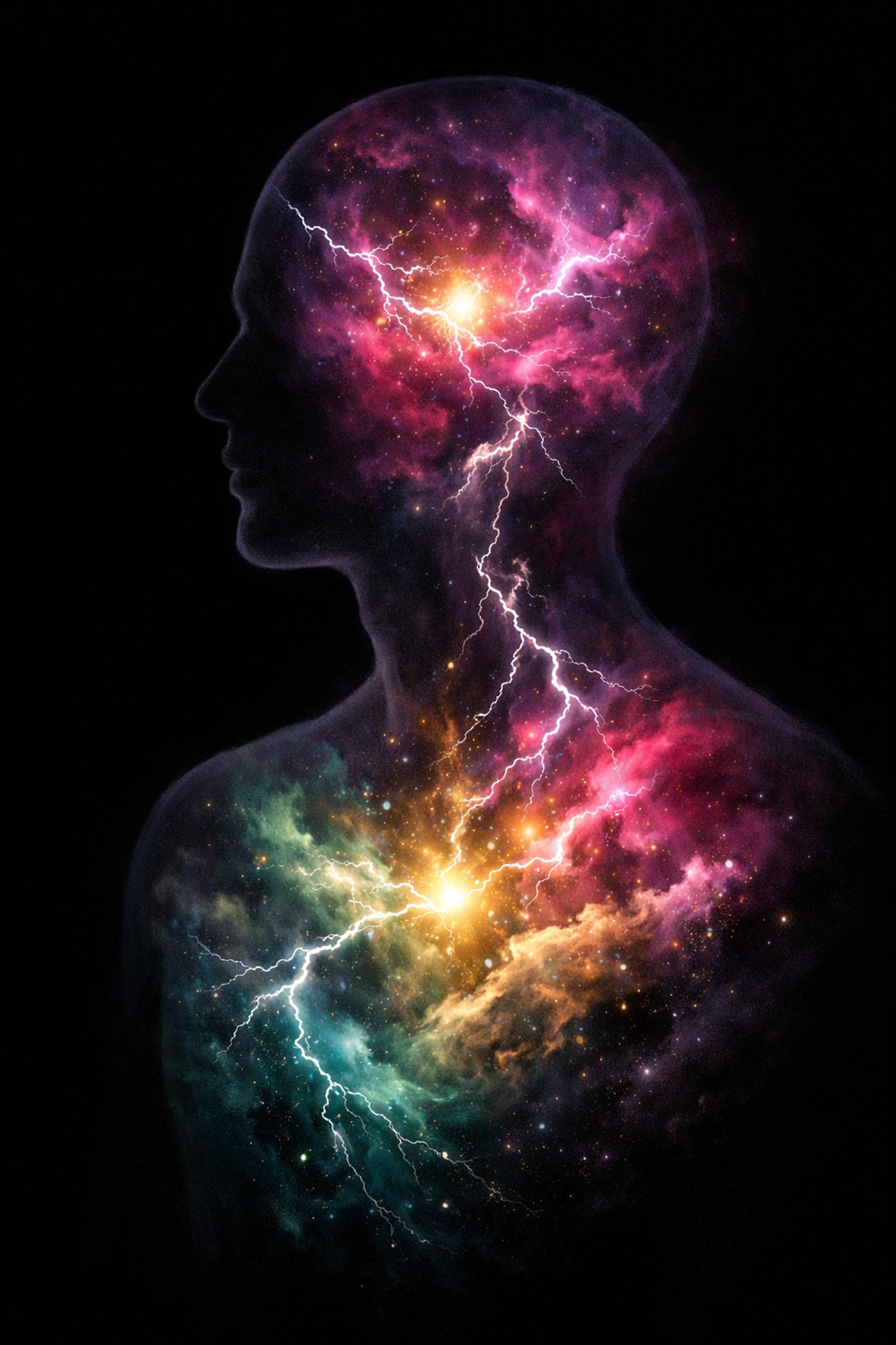 Human silhouette filled with a cosmic nebula symbolizing internal sensation and emotional regulation capacity.