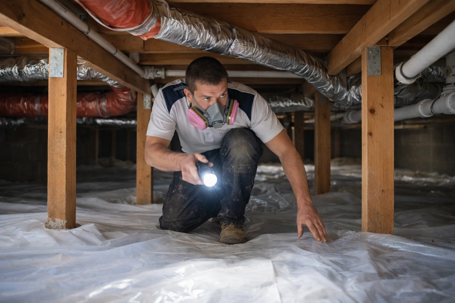 Mastertech Environmental technician inspecting crawlspace