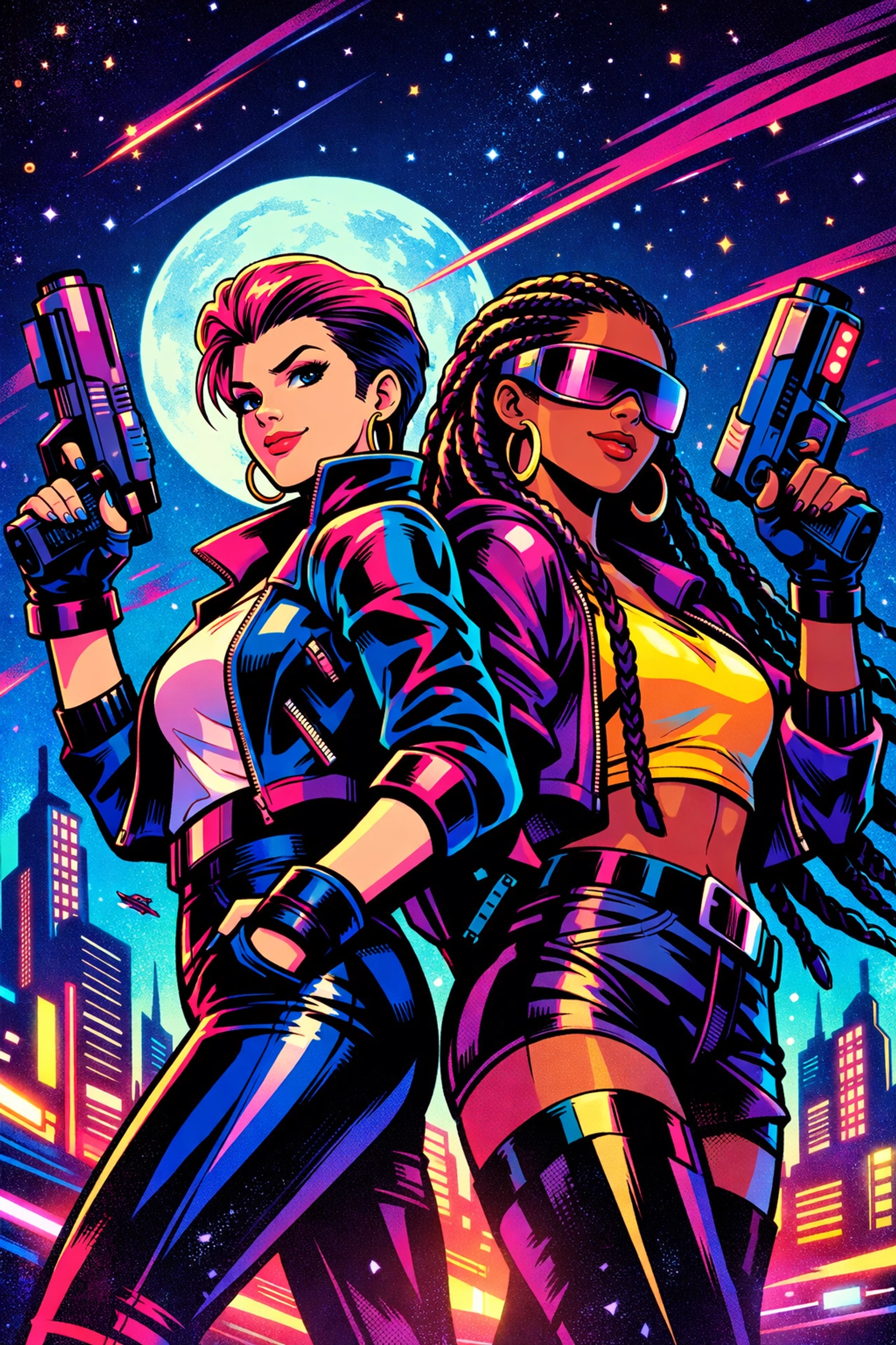Retro-future lesbian graphic novel cover featuring two women in a powerful back-to-back pose with neon 90s style.