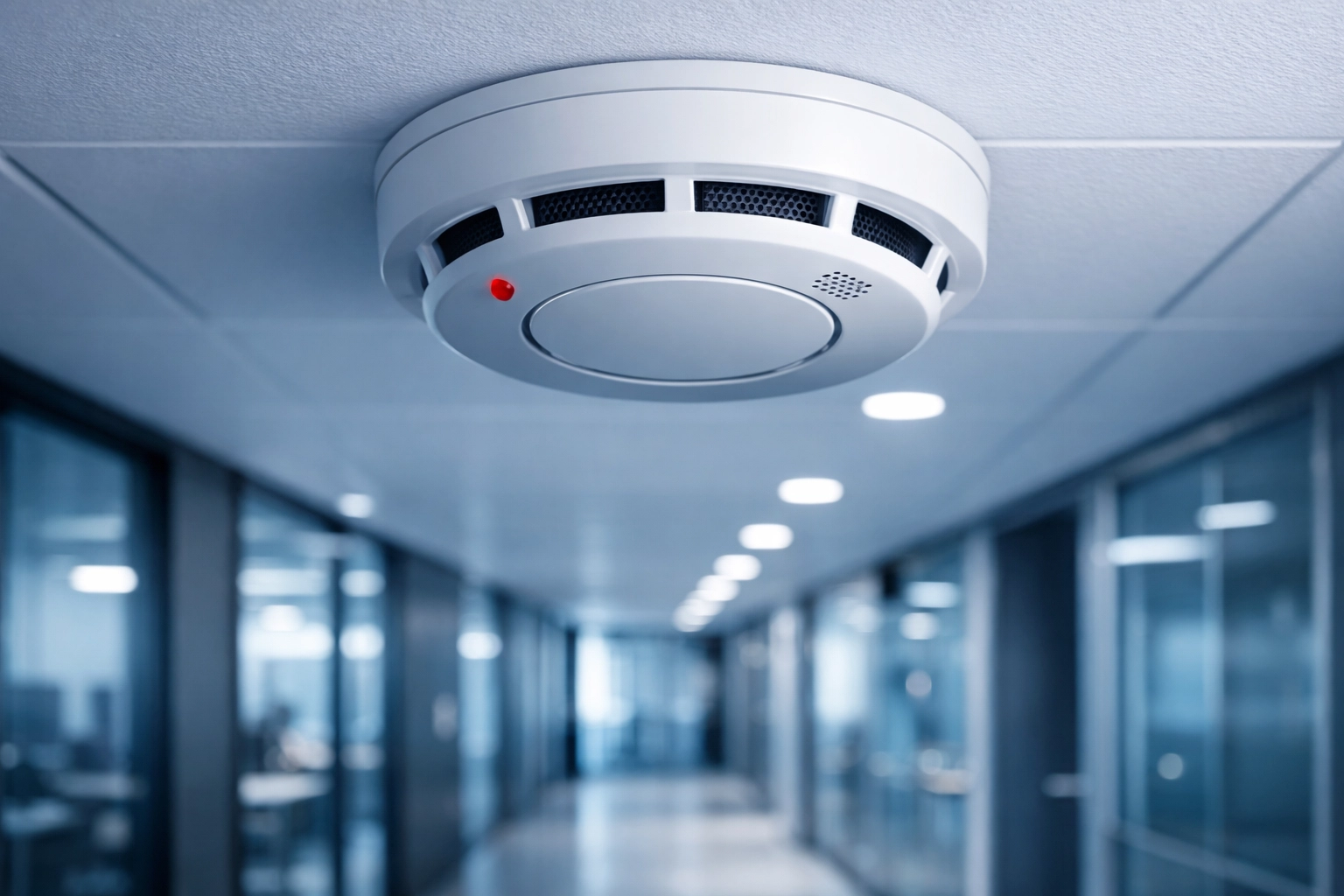 Ceiling-mounted smoke detector in modern commercial office corridor for BS 5839-1 fire alarm compliance