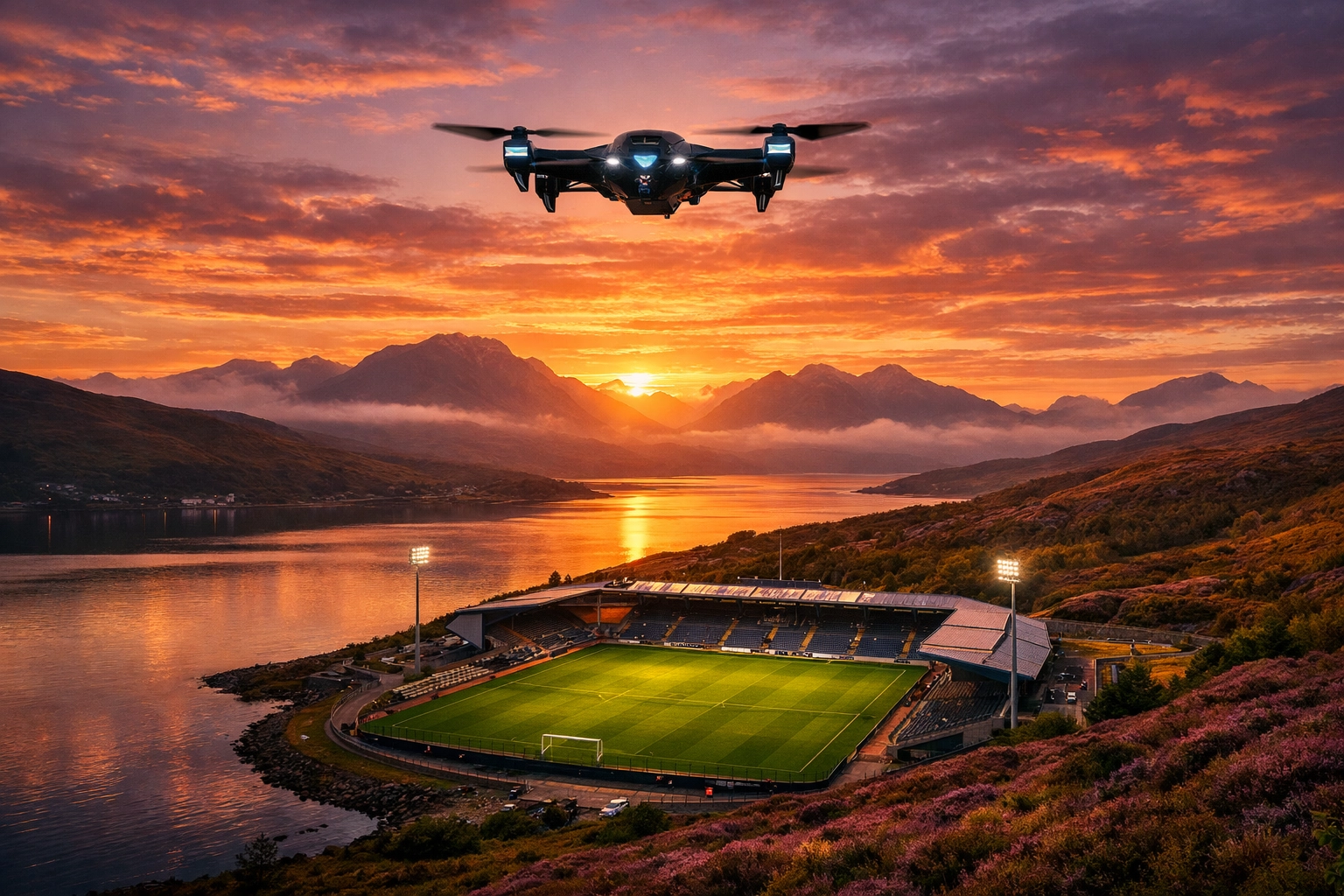 Drone memorial service over a Scottish Highland football stadium at sunset for ashes scattering.