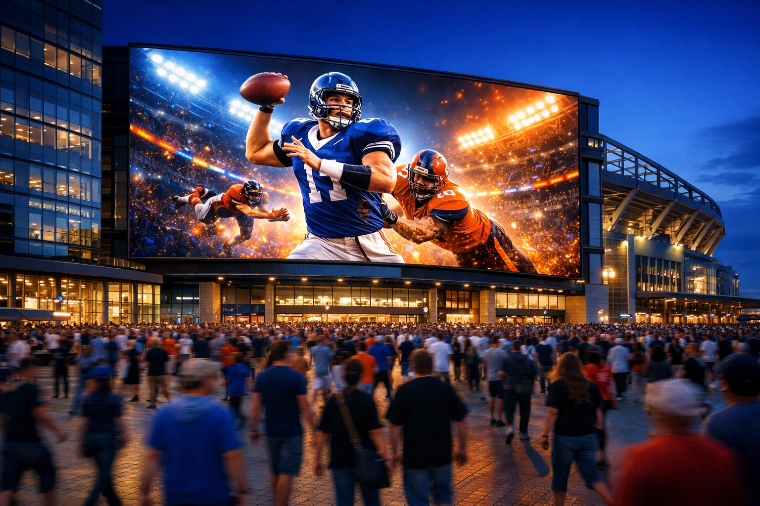 Massive digital billboard outside a sports stadium showing real-time advertising to game day crowds.