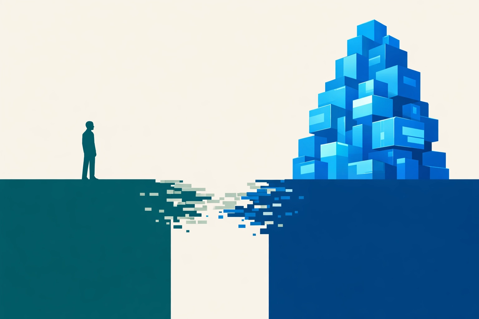 A silhouette facing a digital chasm toward a complex tech stack, representing the marketing talent gap.