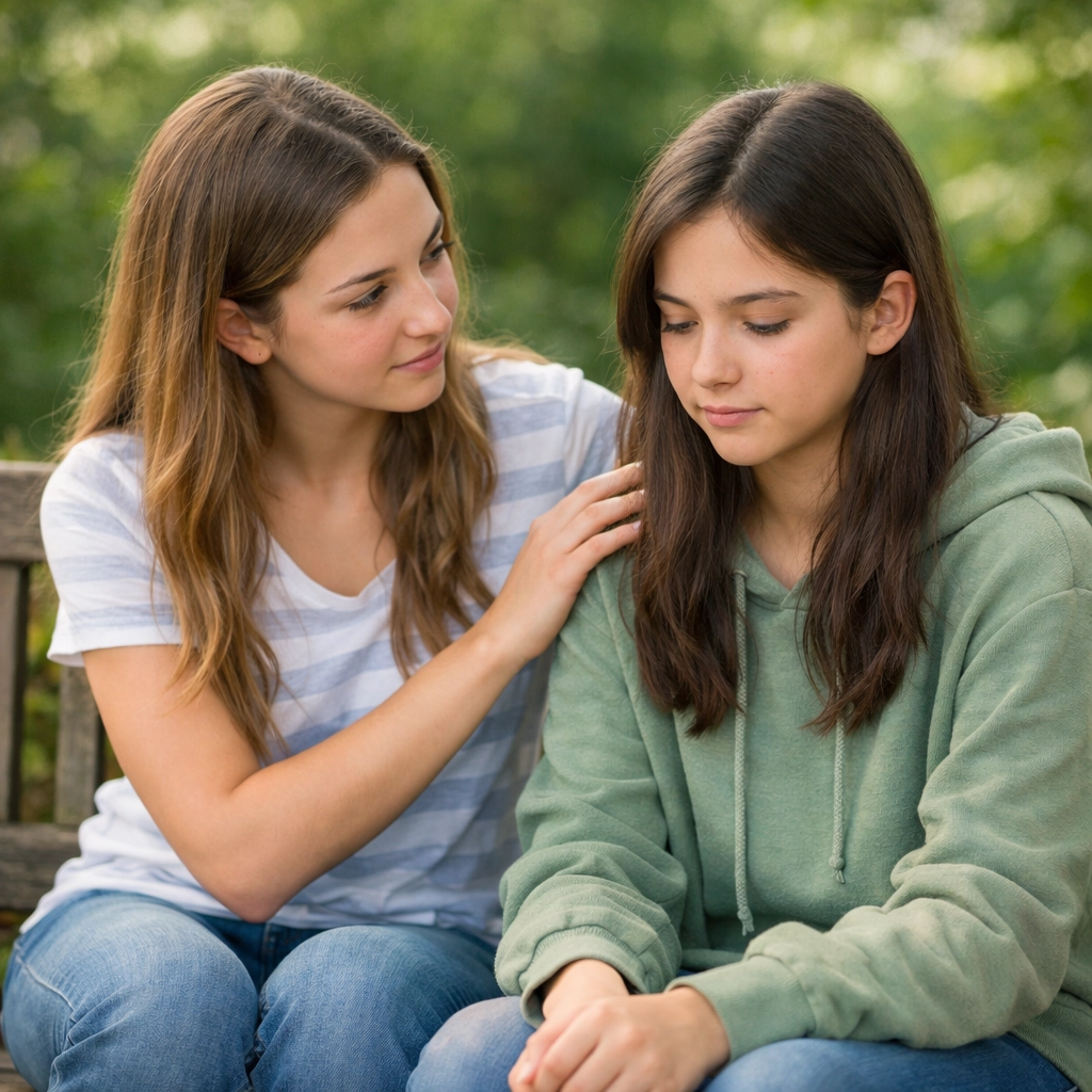 Two girls showing peer support in a trauma-informed residential treatment program.
