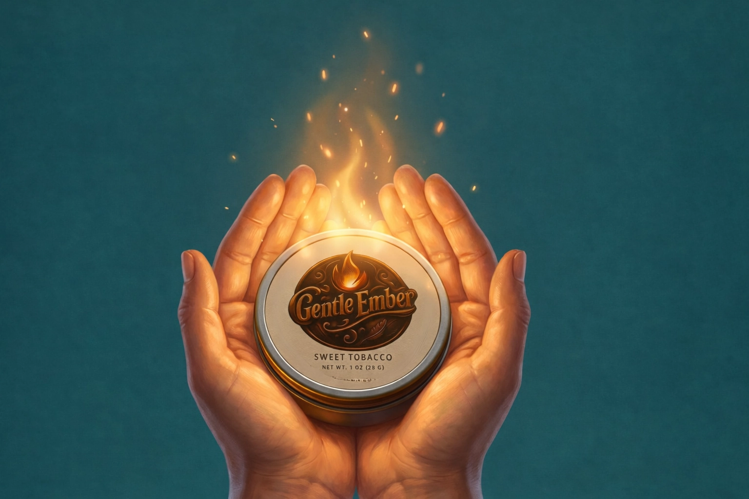 A pair of hands holding The Remedy Wagon’s Gentle Ember Sweet Tobacco tallow balm tin with a glowing ember effect.
