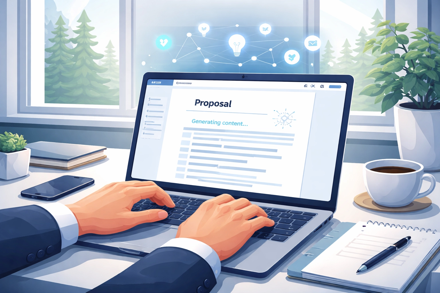 Business owner typing a client proposal with Microsoft Copilot generating content in a Northern Michigan office