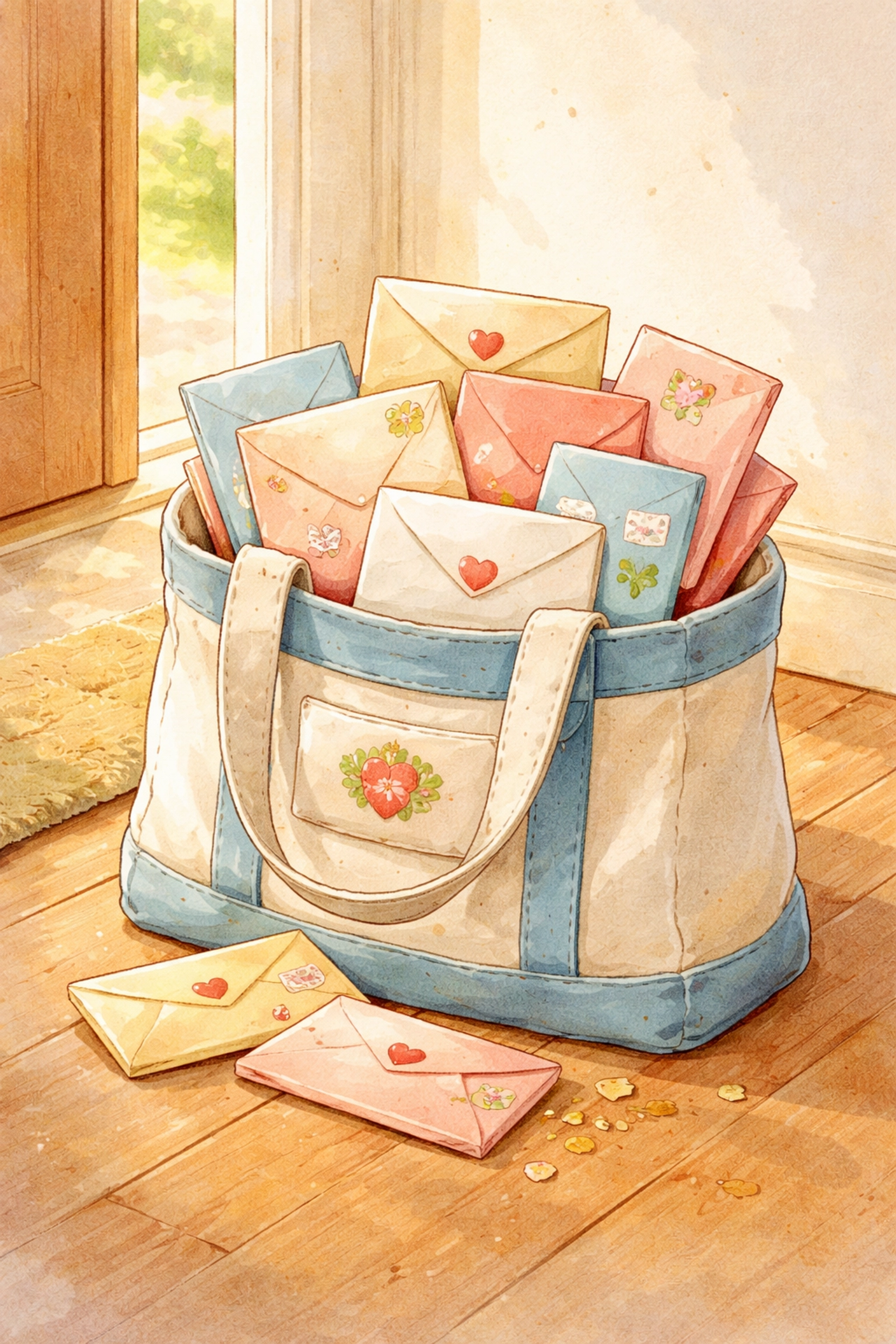 Canvas tote bag overflowing with colorful paper letters and envelopes for kids' mail carrier pretend play.