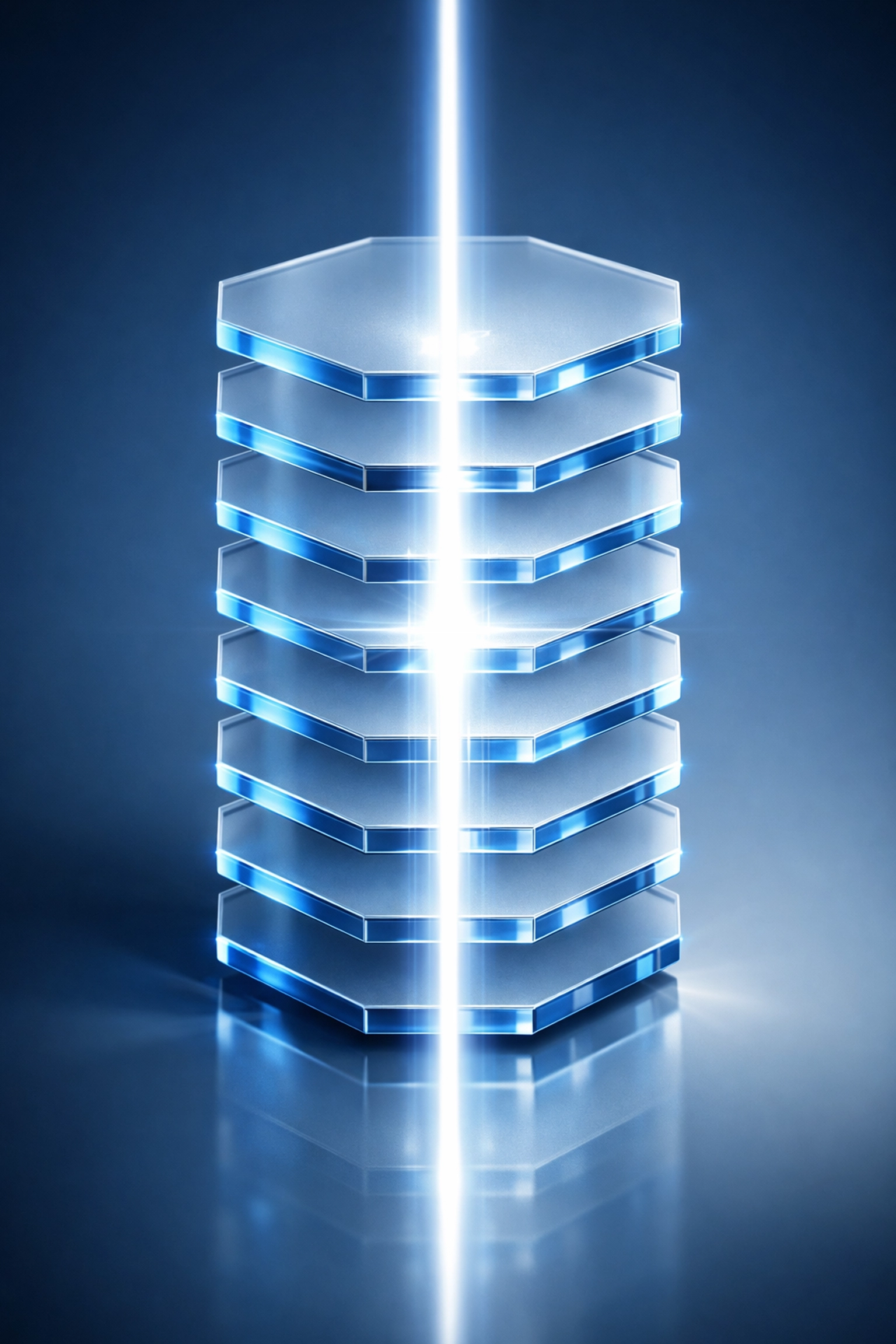 Stacked digital plates with a light beam showing an immutable audit trail for automated compliance systems.