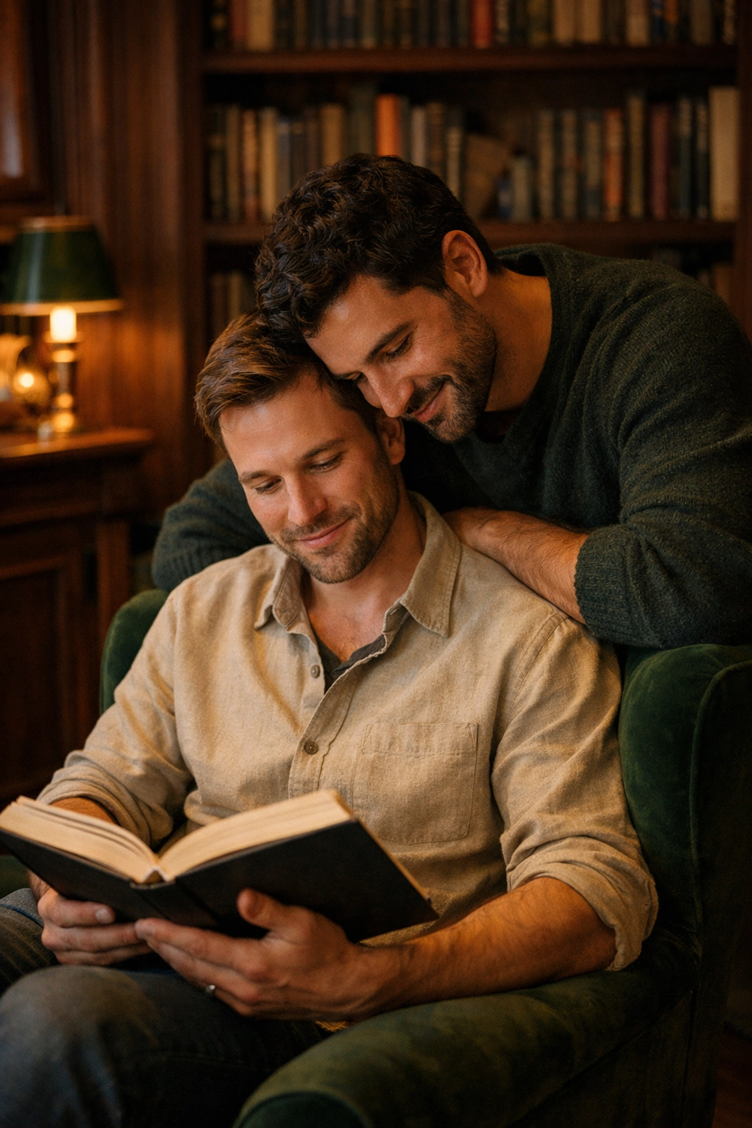 Two men reading together in a library, symbolizing the emotional connection found in gay contemporary romance stories.