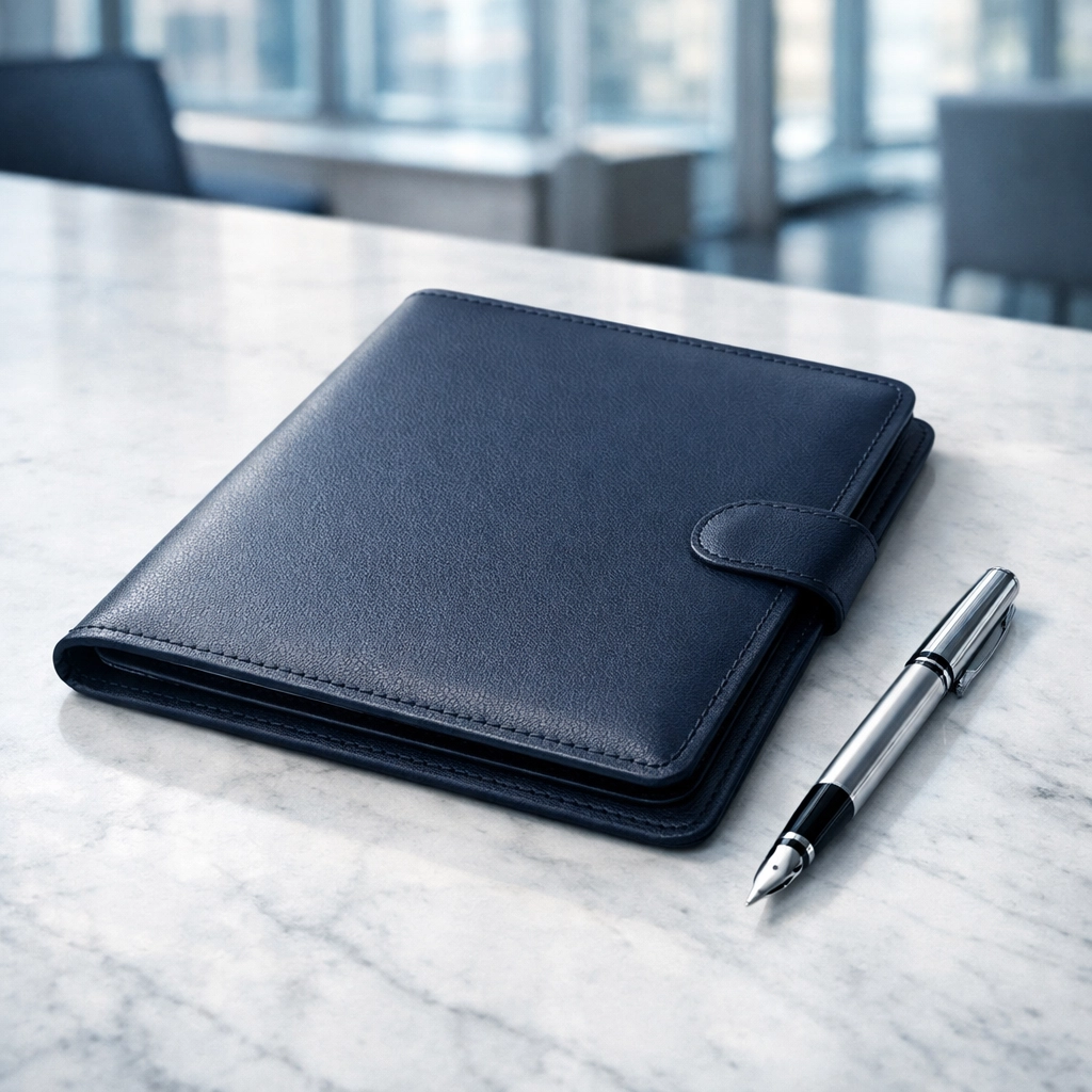 Professional business valuation portfolio and pen on a boardroom table in a North Carolina office.