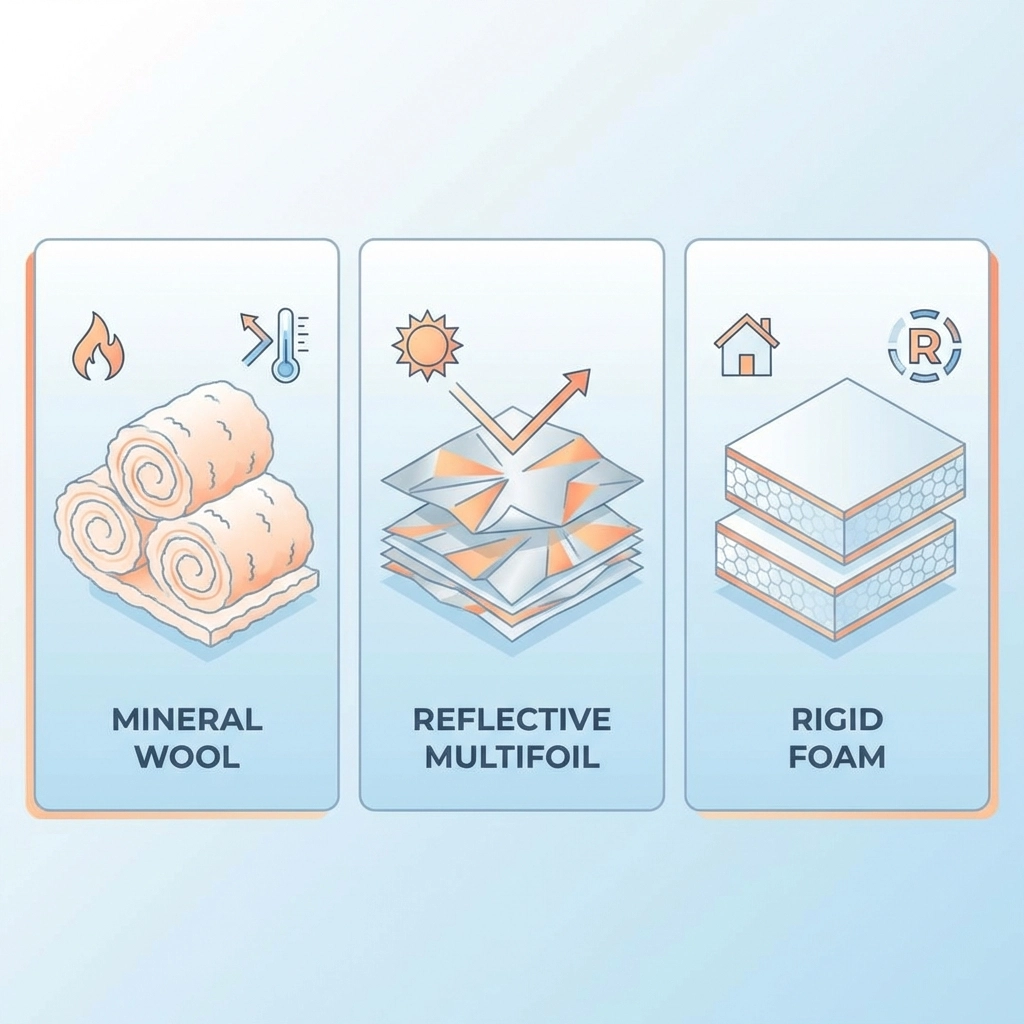 Side-by-side comparison of mineral wool, multifoil, and PIR board insulation options for upgrading loft insulation.