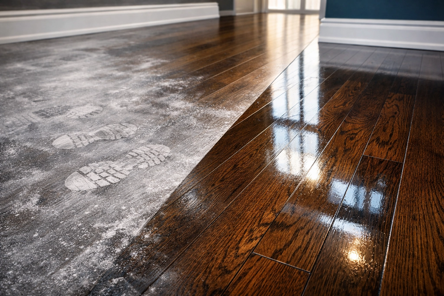 Before and after results of post construction cleaning Hudson on luxury dark hardwood flooring.