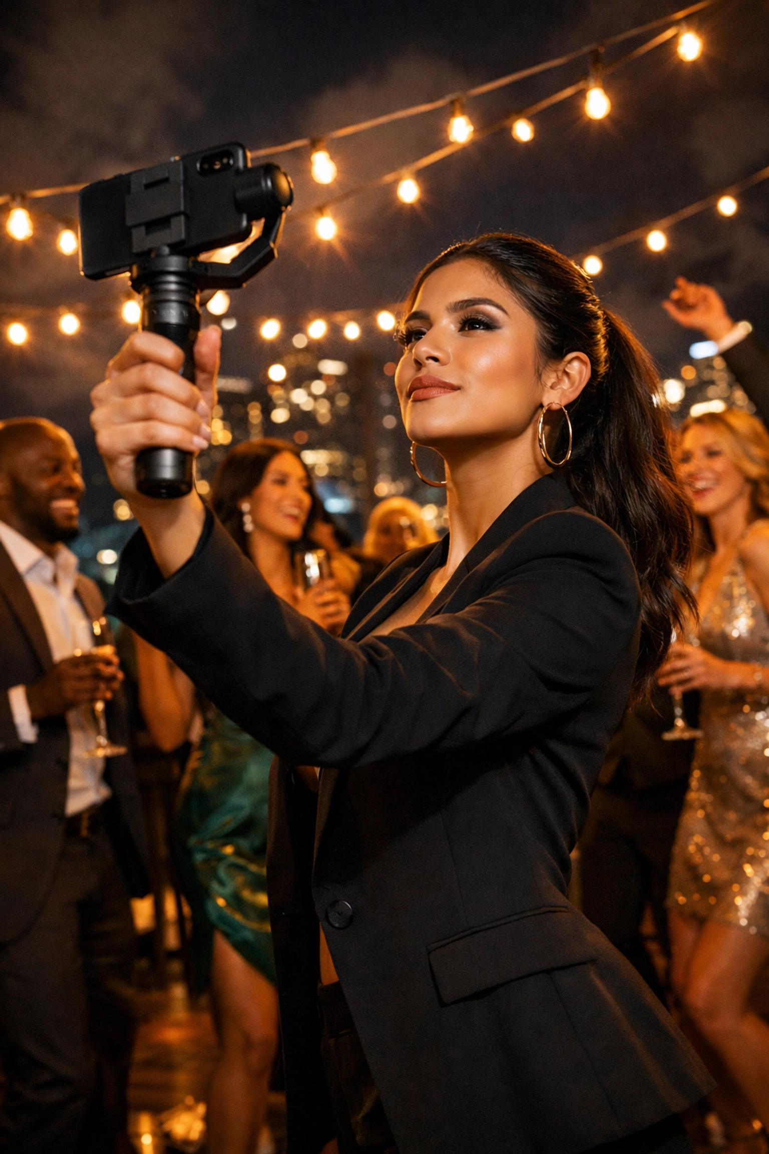 Content creator filming wedding guests at an upscale rooftop celebration for social media content