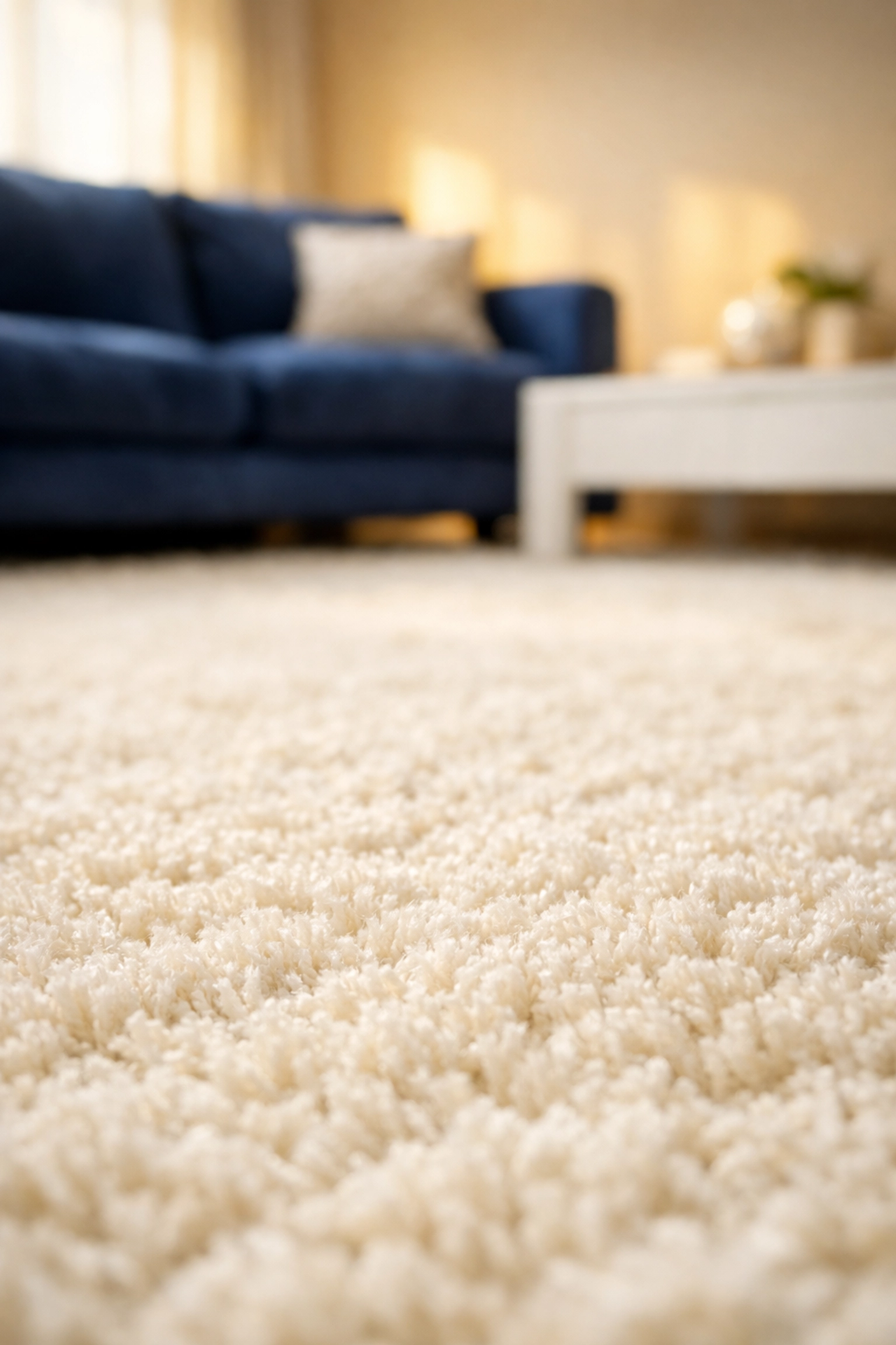 Close-up of a deep-cleaned, plush cream carpet in a luxury living room.