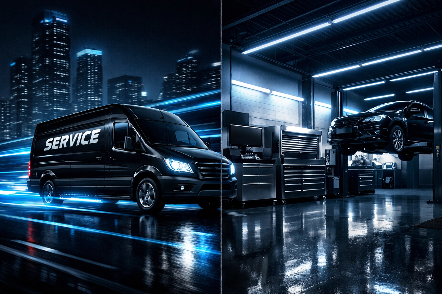 Mobile Replacement vs. In-Shop: Which Is Actually Better? A split-view illustration comparing mobile windshield replacement services with in-shop repair options.