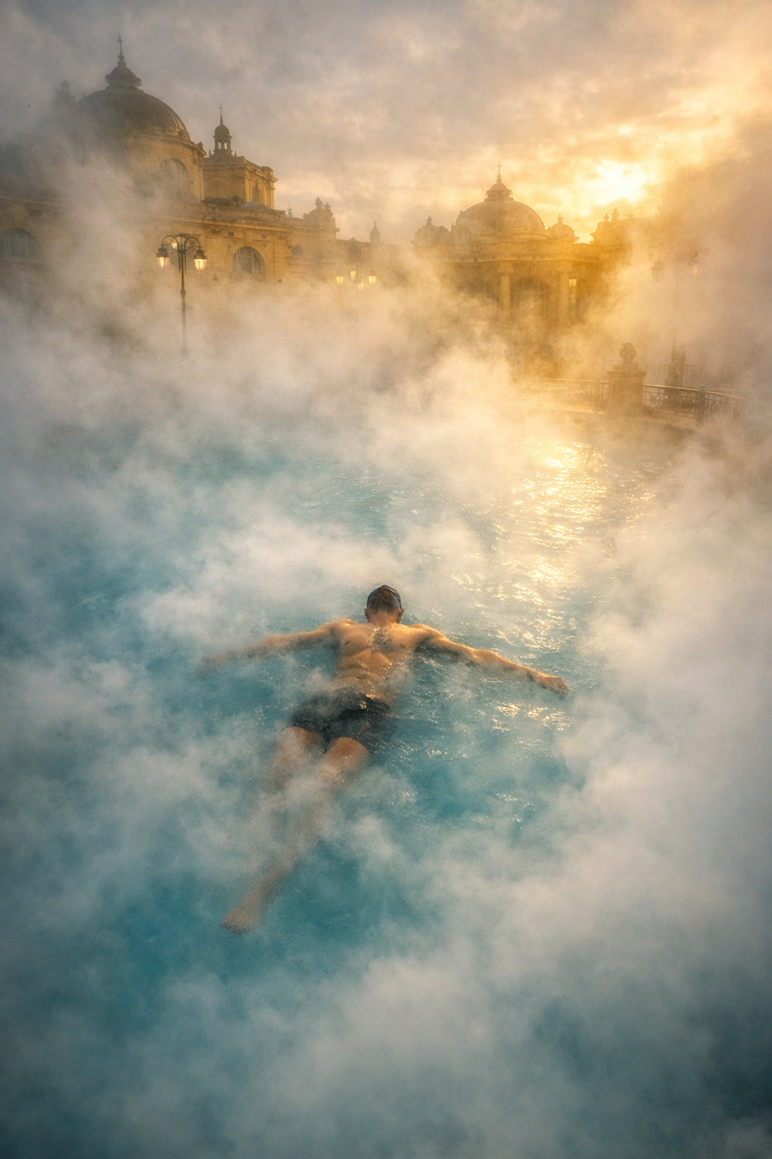 Gay swimmer floating alone in Budapest's Széchenyi thermal baths during self-discovery journey