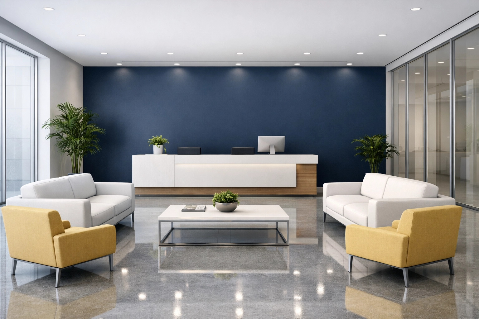 Professional corporate lobby with polished floors maintained by eco-friendly commercial cleaning in Leominster.