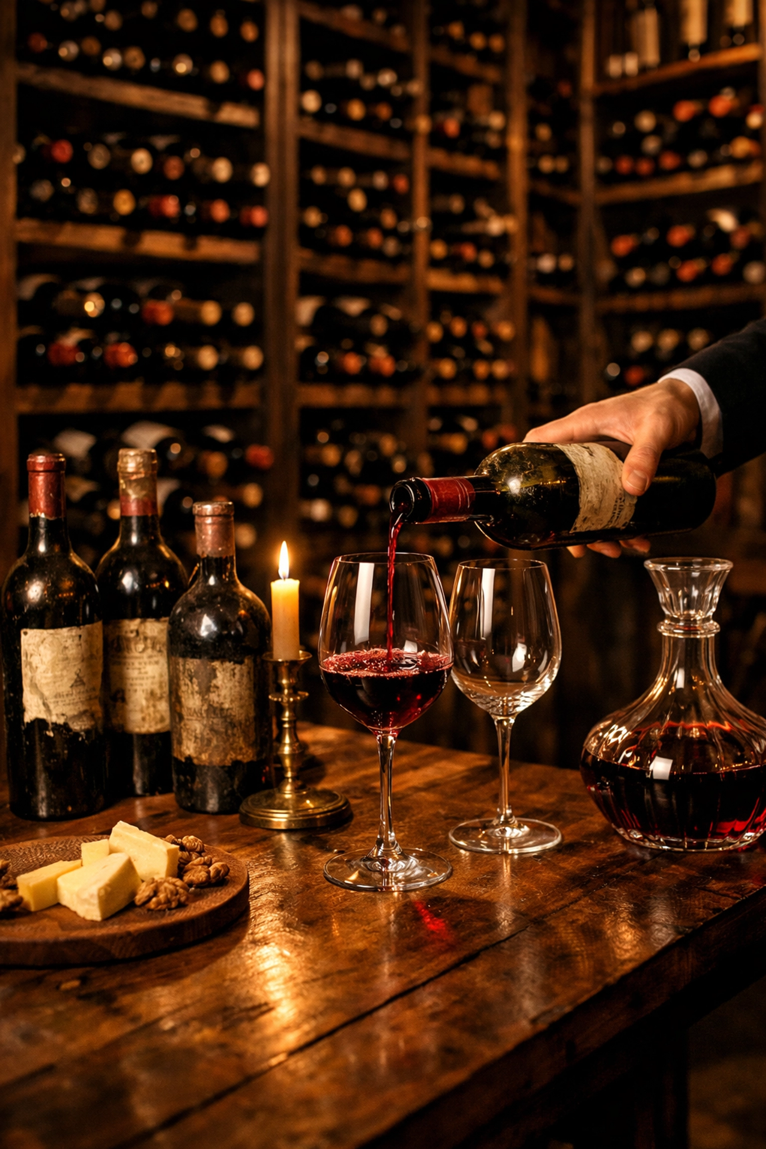 Private wine cellar tasting with sommelier pouring aged red wine for exclusive experience