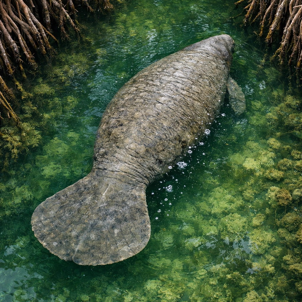 A West Indian manatee gliding through the water near Flamingo in Everglades National Park.