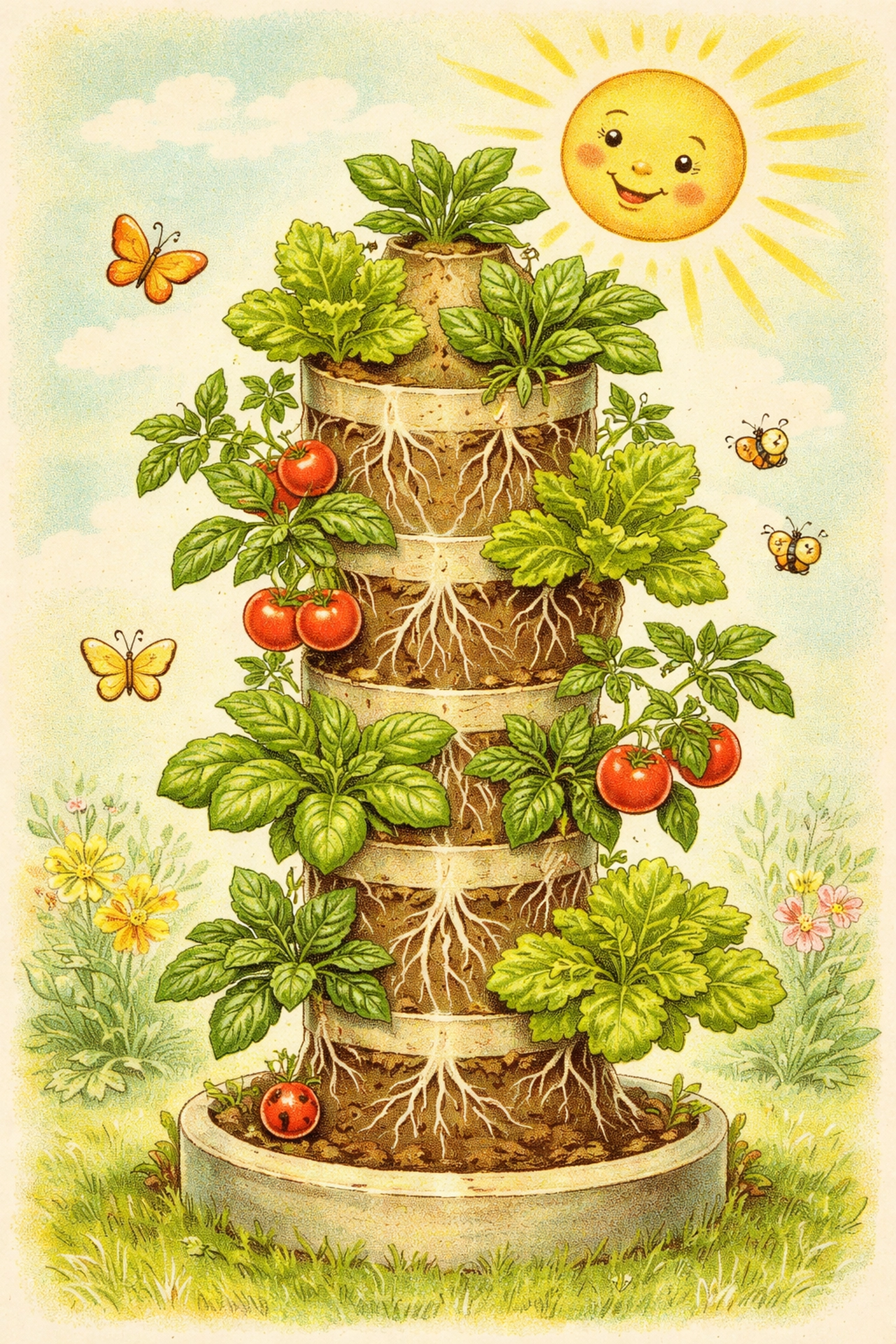 Vertical tower garden illustration with roots curving downward and leafy plants growing toward sunlight.