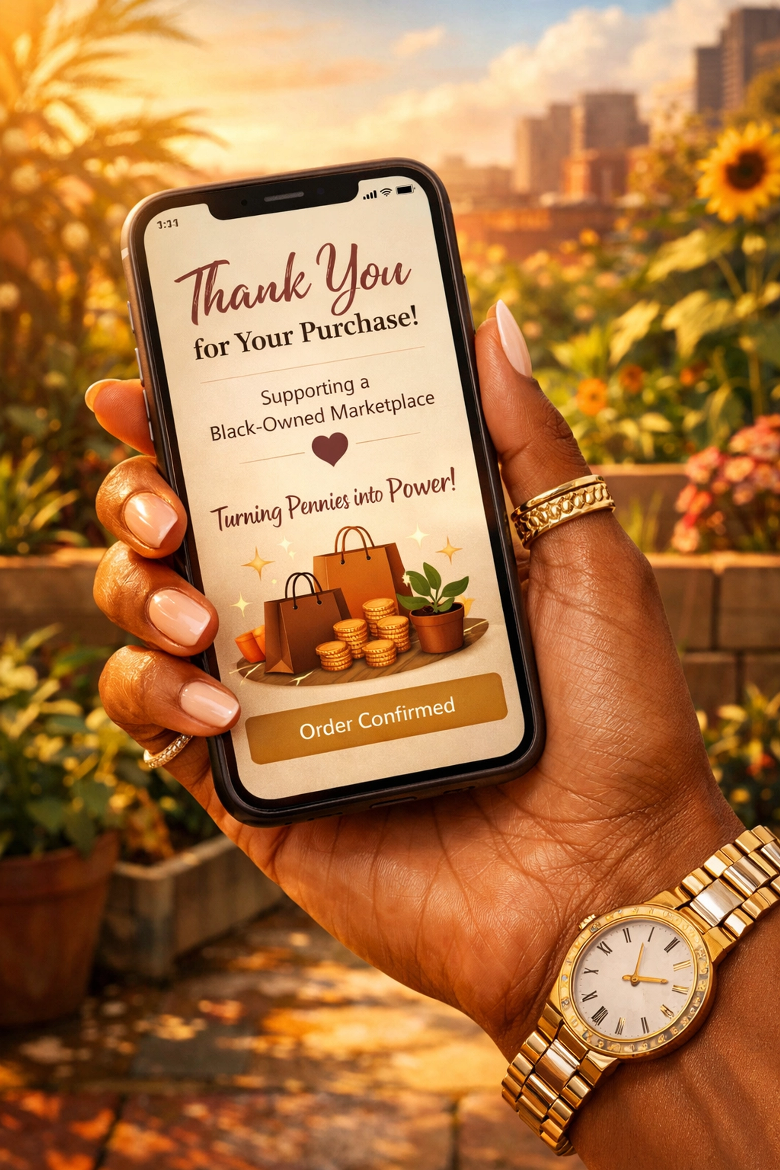 A person holding a phone showing a Buyblack purchase confirmation to support collective economic growth.