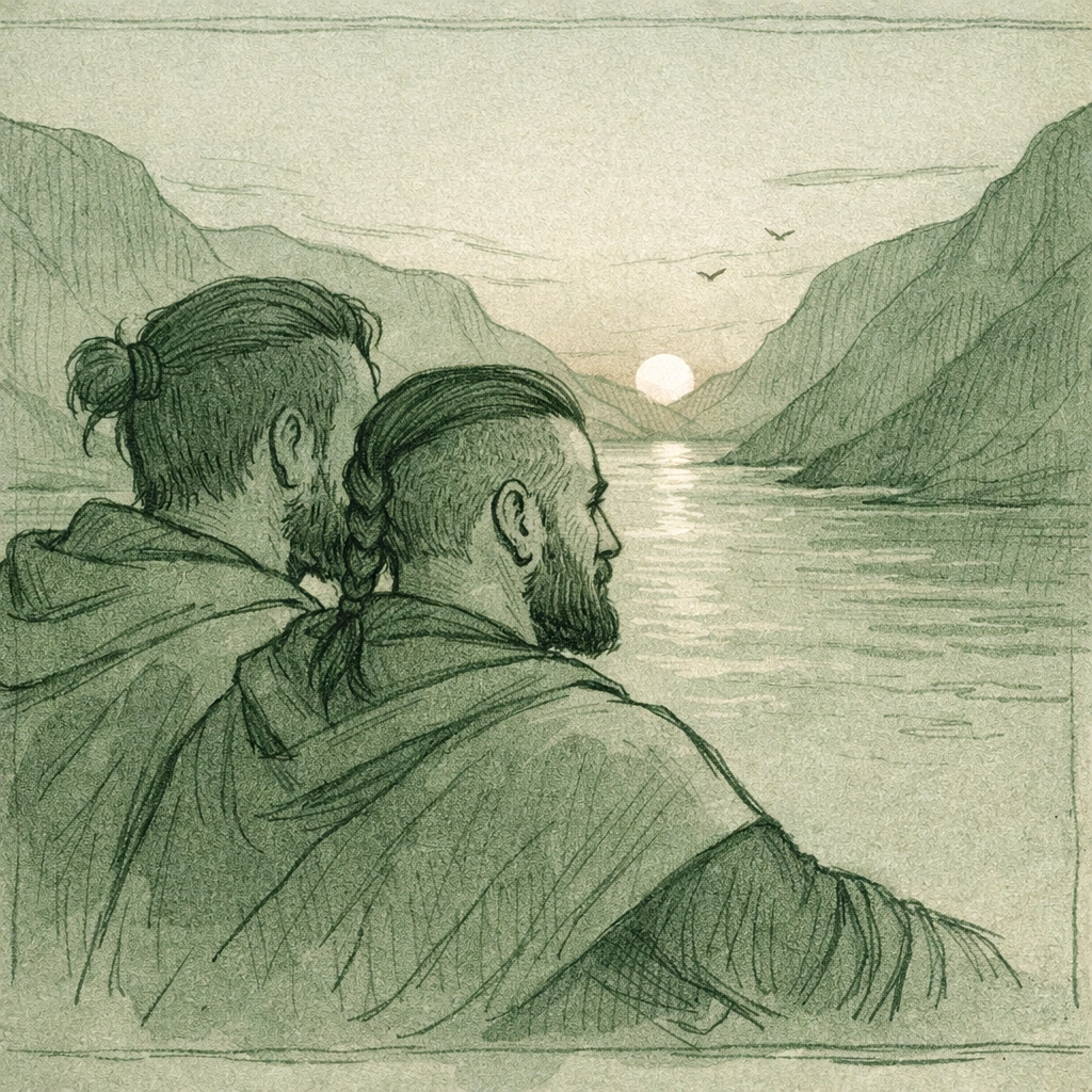 Two Norse men gazing at Norwegian fjords at sunset - Viking MM romance brotherhood and desire
