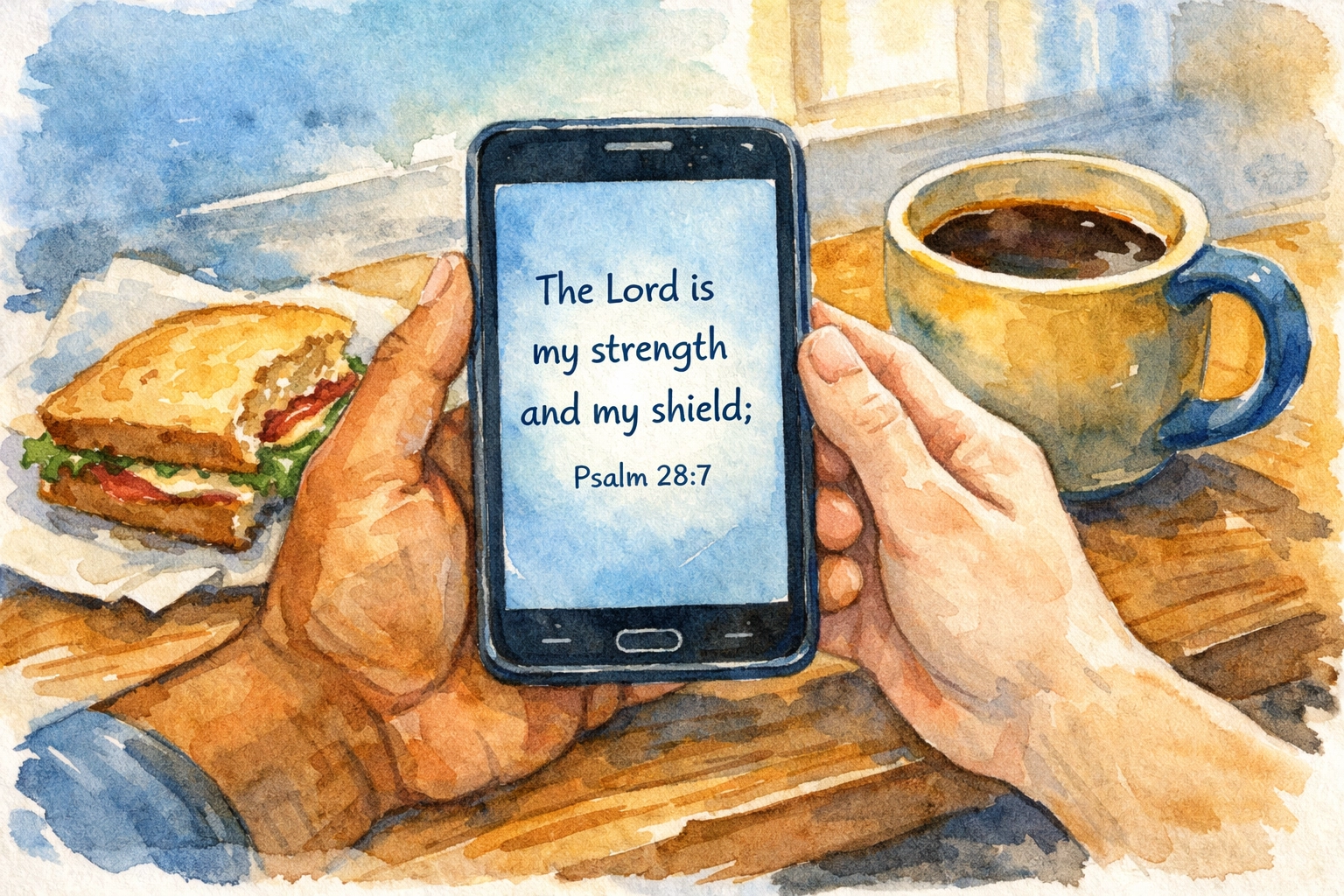 Reading Bible verse on smartphone during lunch break