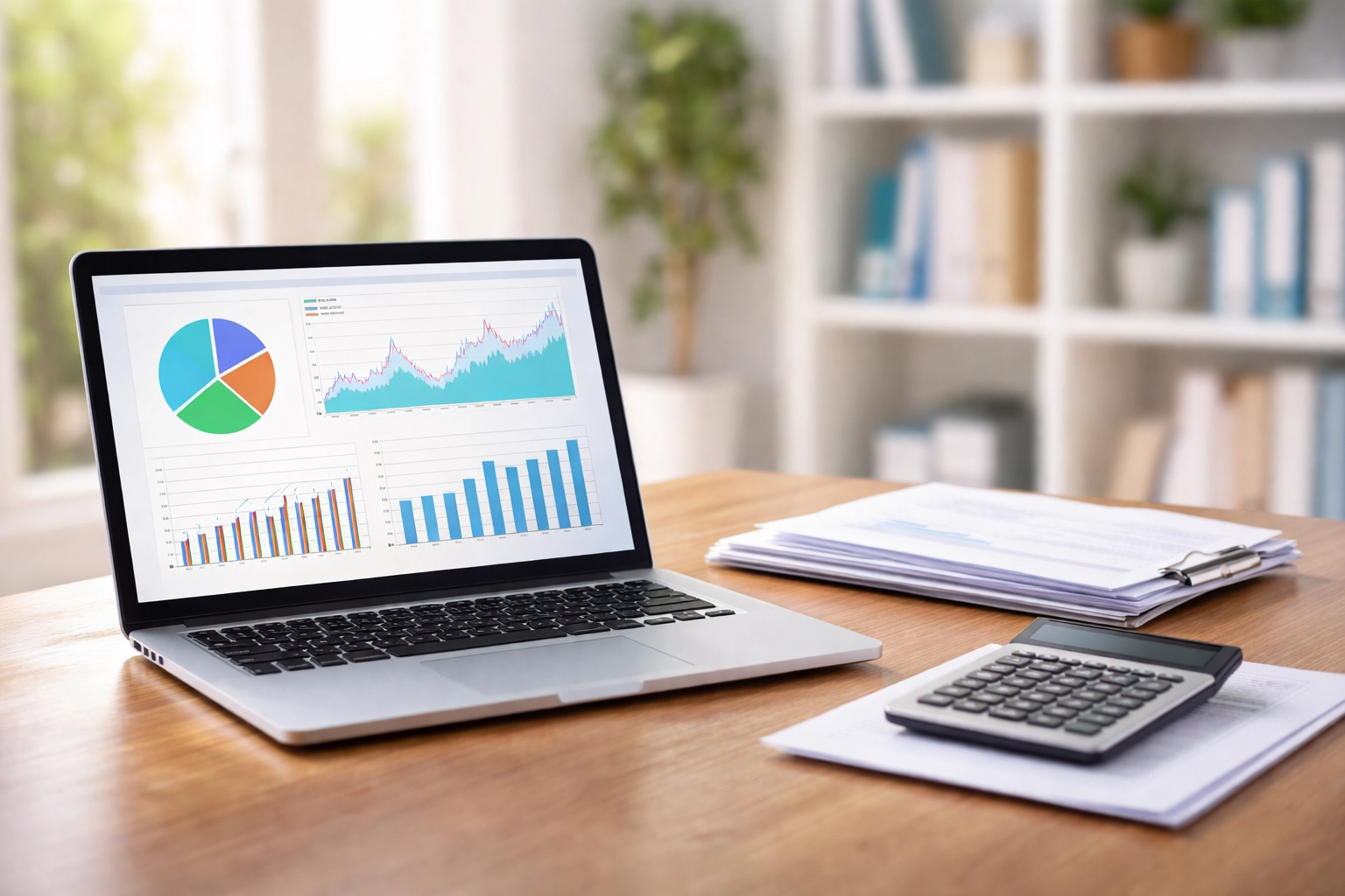 Modern franchise office with financial charts, ideal for Sharkey's Cuts For Kids investment planning and franchise consulting