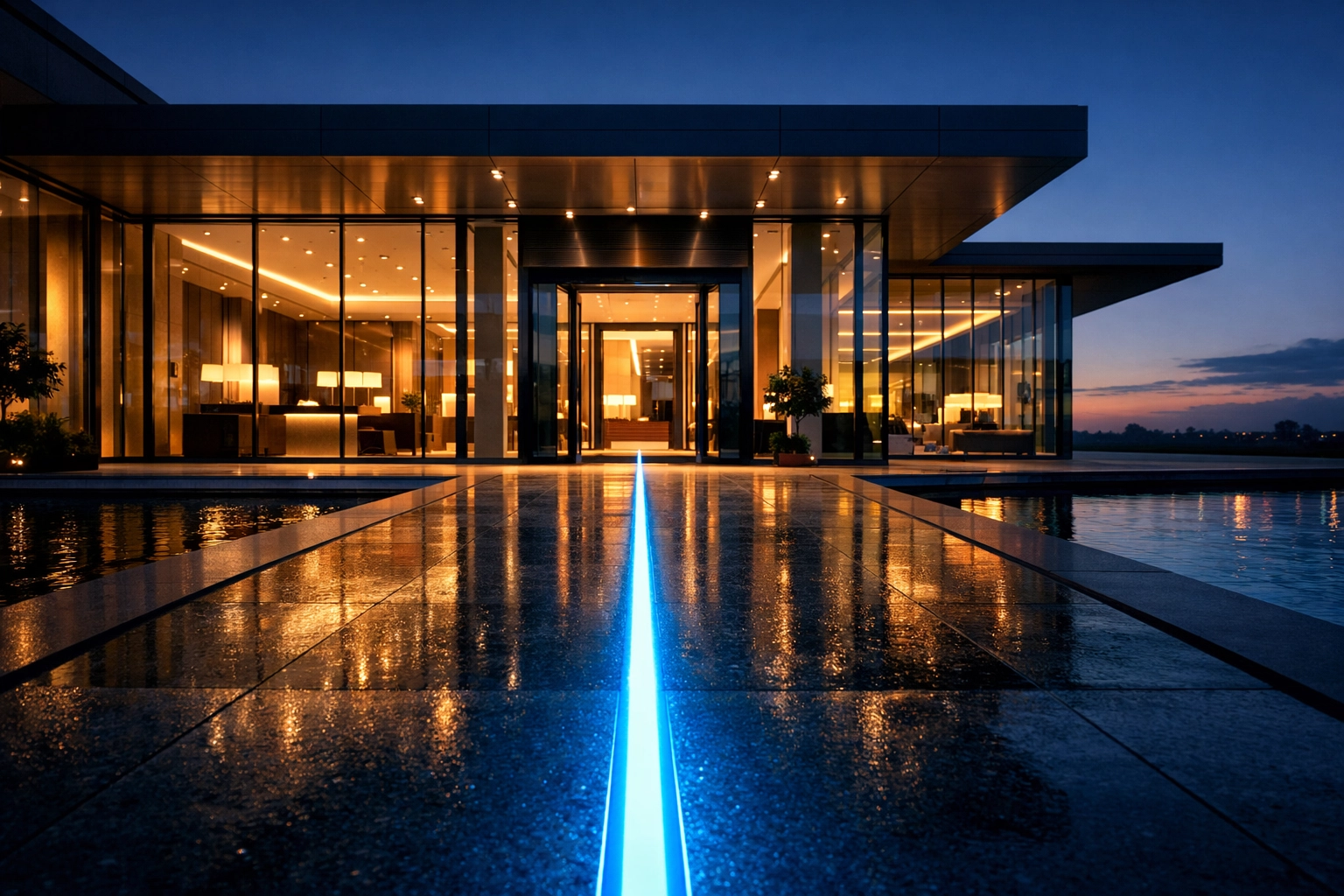 Professional web design for small business shown through a modern, inviting building entrance at dusk.