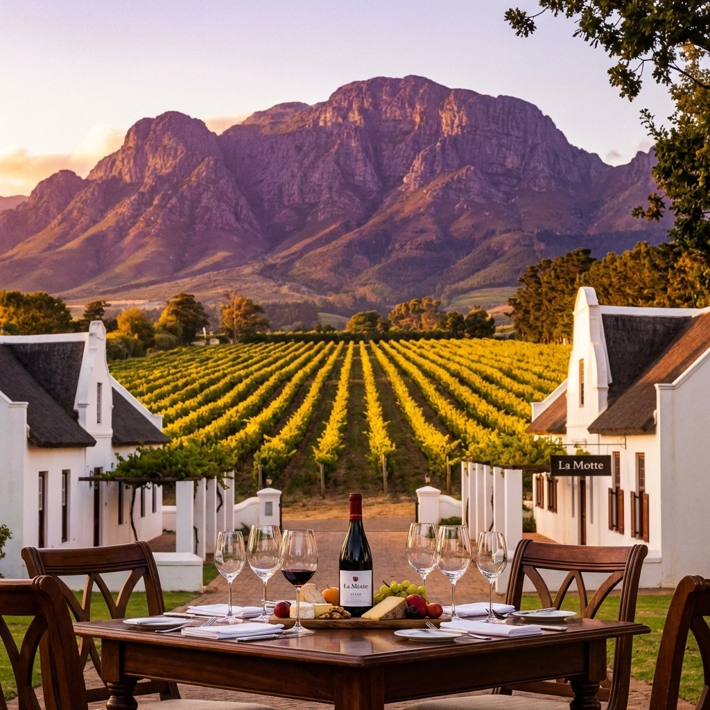 Golden hour at a Franschhoek wine estate with vineyards, mountain backdrop, and elegant table setting, epitomizing South African wine country luxury.