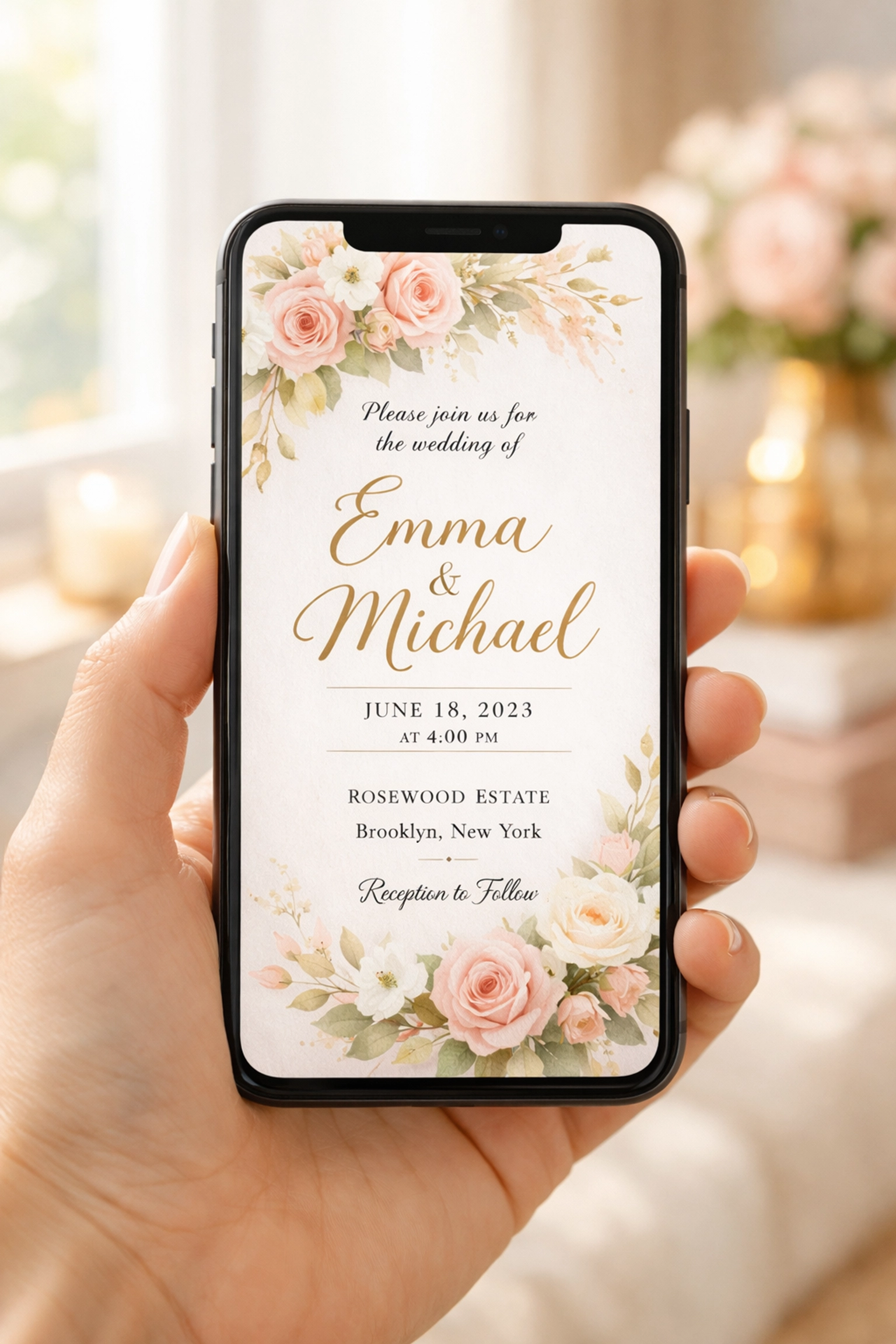 Digital wedding invitation displayed on smartphone with RSVP and contribution options