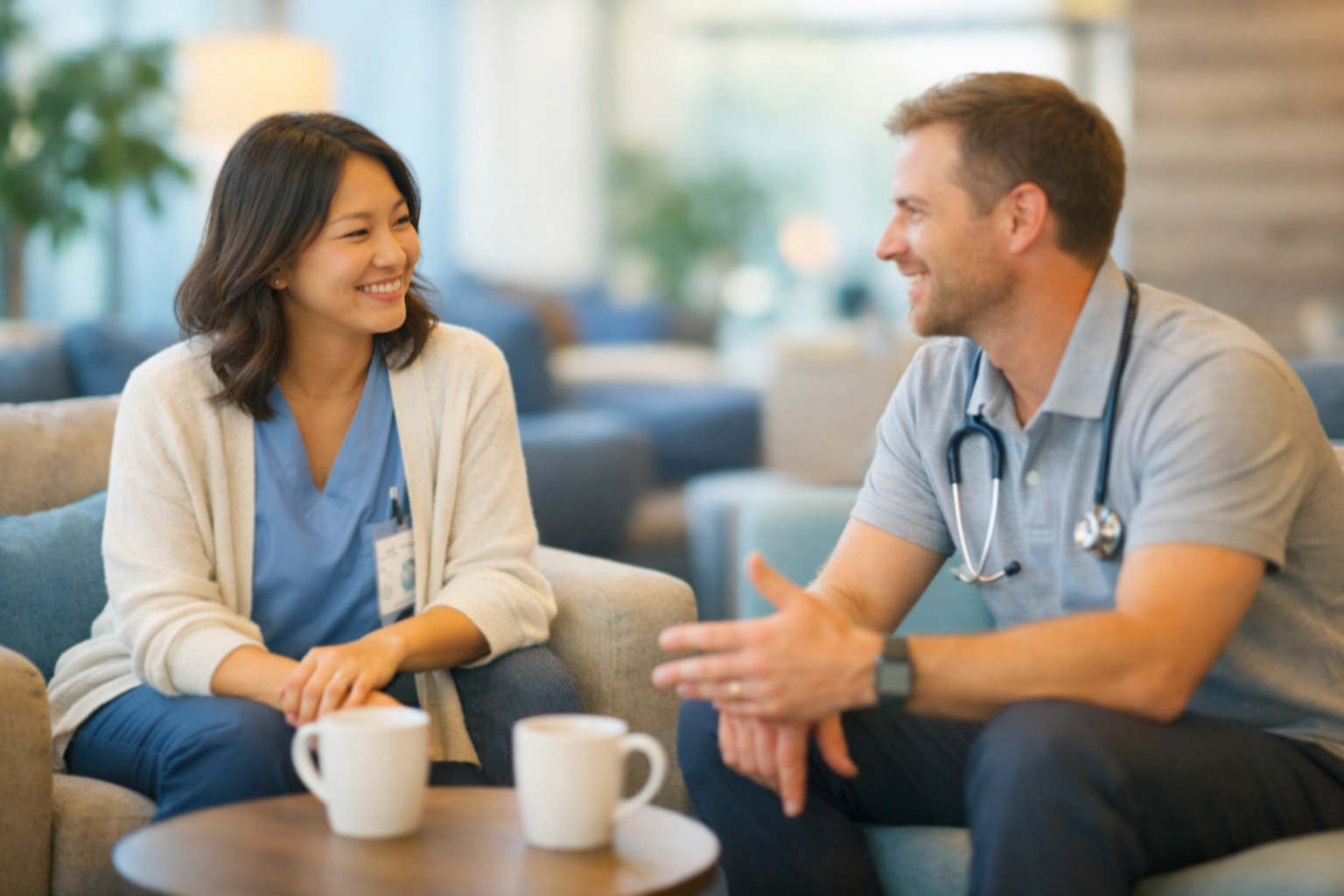 A soft-focus photograph of two healthcare professionals in casual yet professional clothing, engaged in a friendly and relaxed conversation in a bright, contemporary lounge. The lighting is natural and warm, with a color scheme of cool blues and neutral beige. The scene captures the essence of an exclusive, welcoming community and professional peer support.