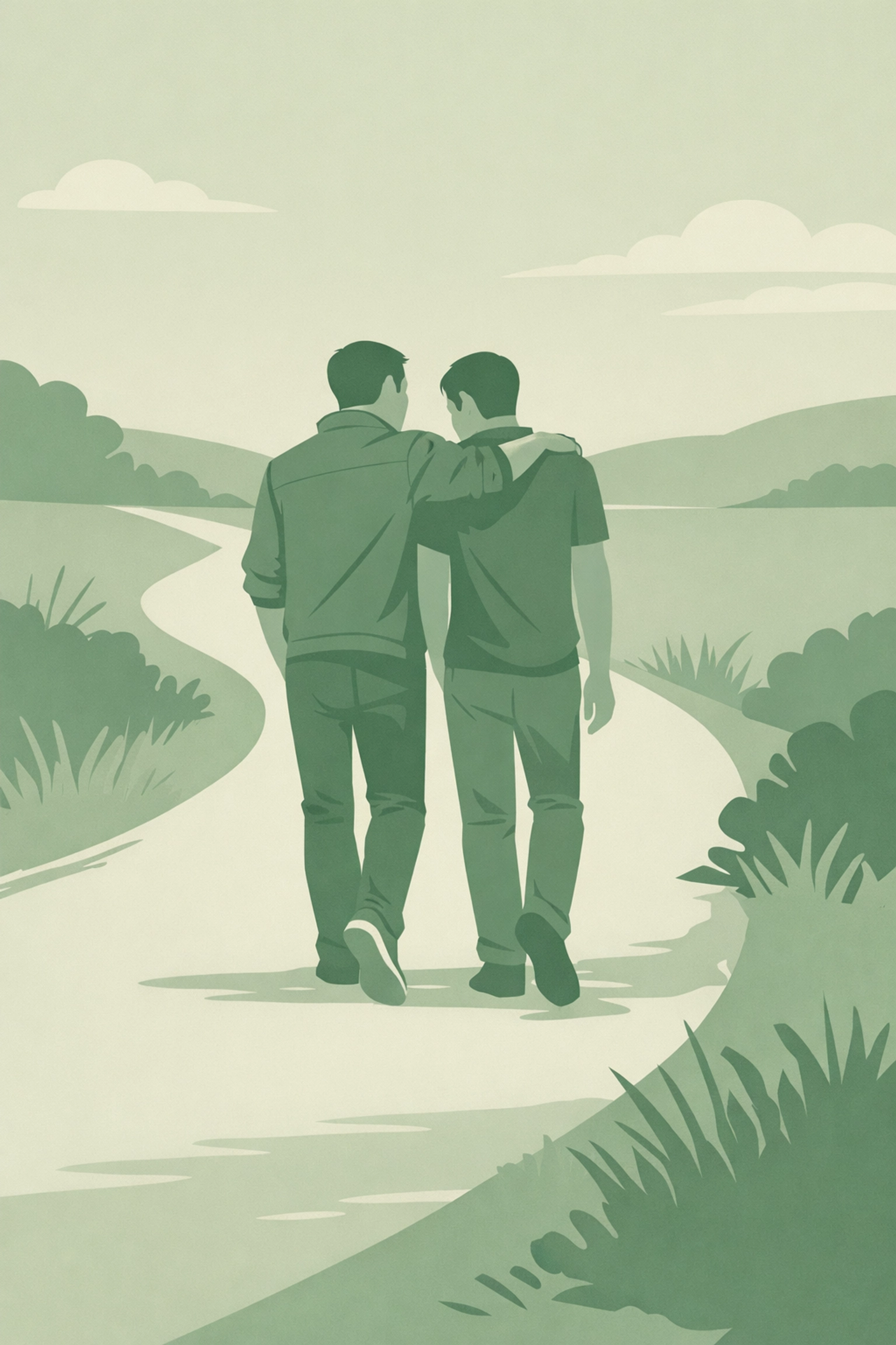 Gay couple walking together on their journey toward authentic LGBTQ+ identity and freedom