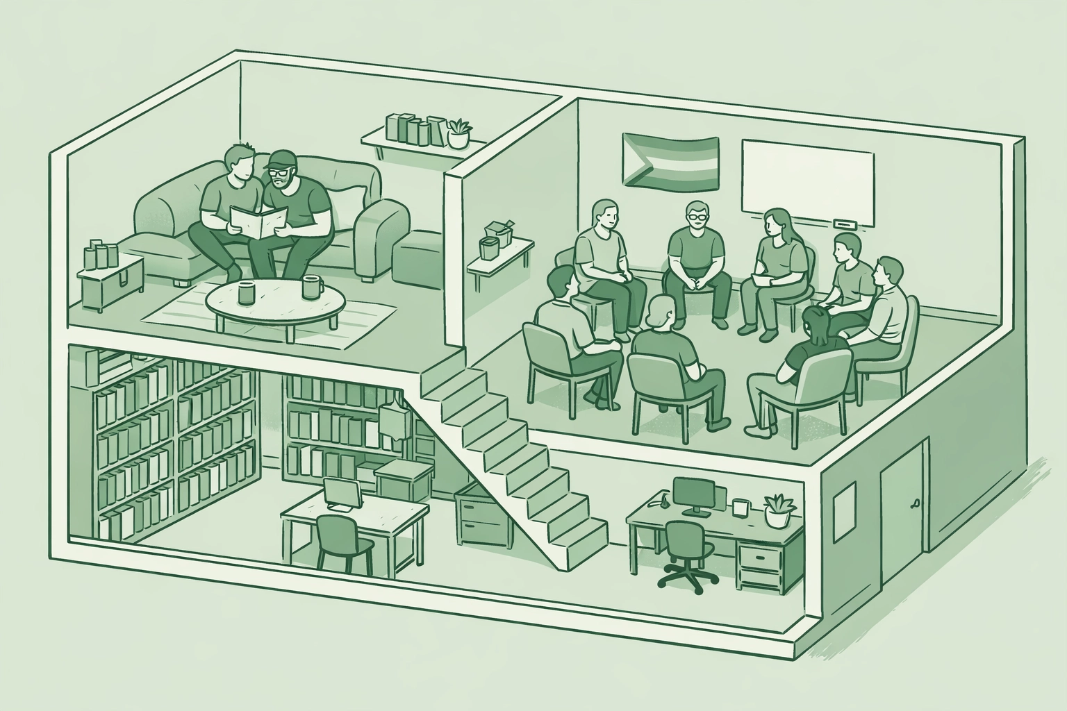 LGBTQ+ community center layout showing support groups and gay book clubs in safe spaces