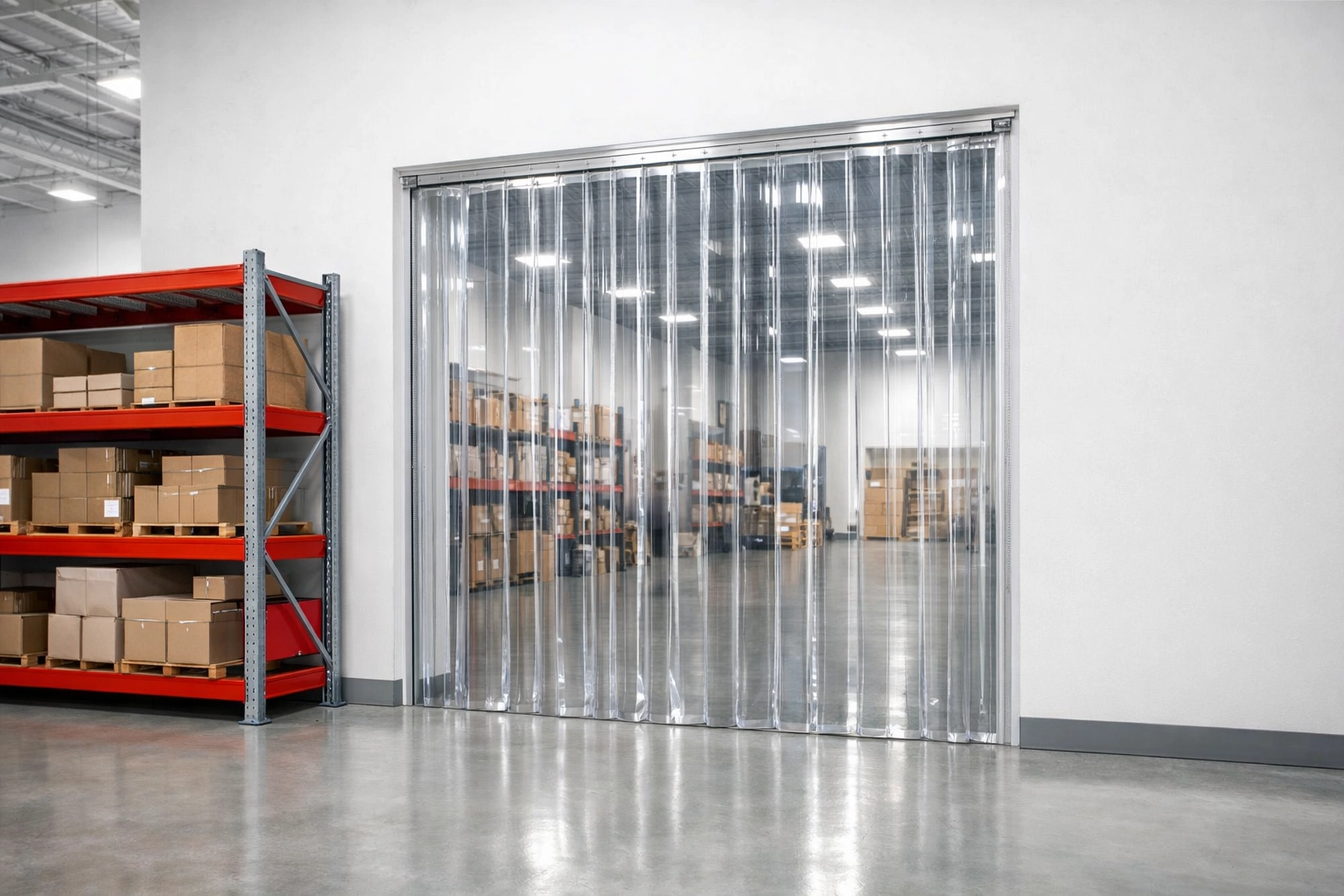 Clear standard PVC strip curtains for temperature control in a clean warehouse environment.