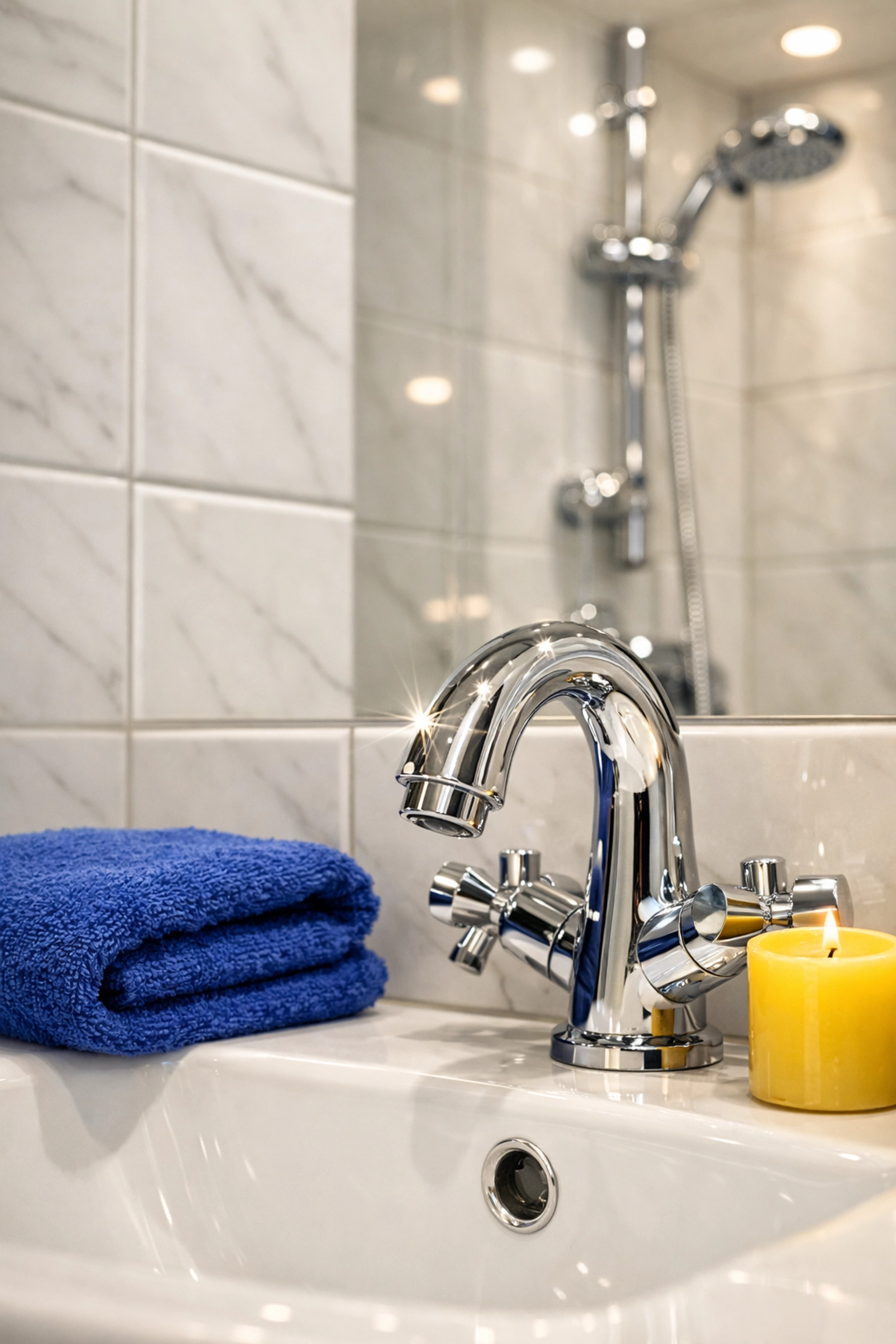 Deep cleaned bathroom vanity with sparkling chrome fixtures and white marble tile after professional move-out cleaning.