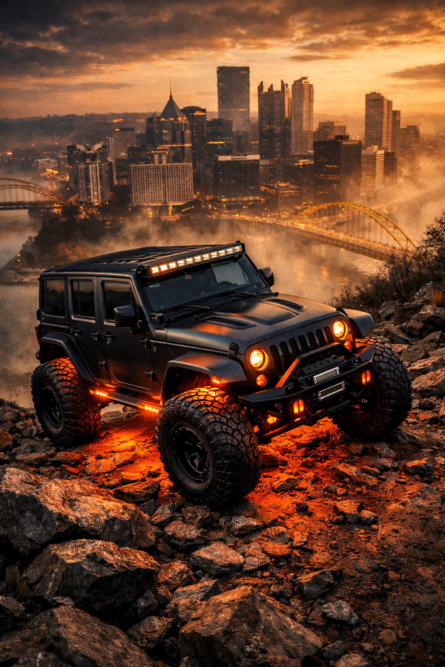 Lifted Jeep Wrangler with off-road tires on rocky terrain near Pittsburgh skyline