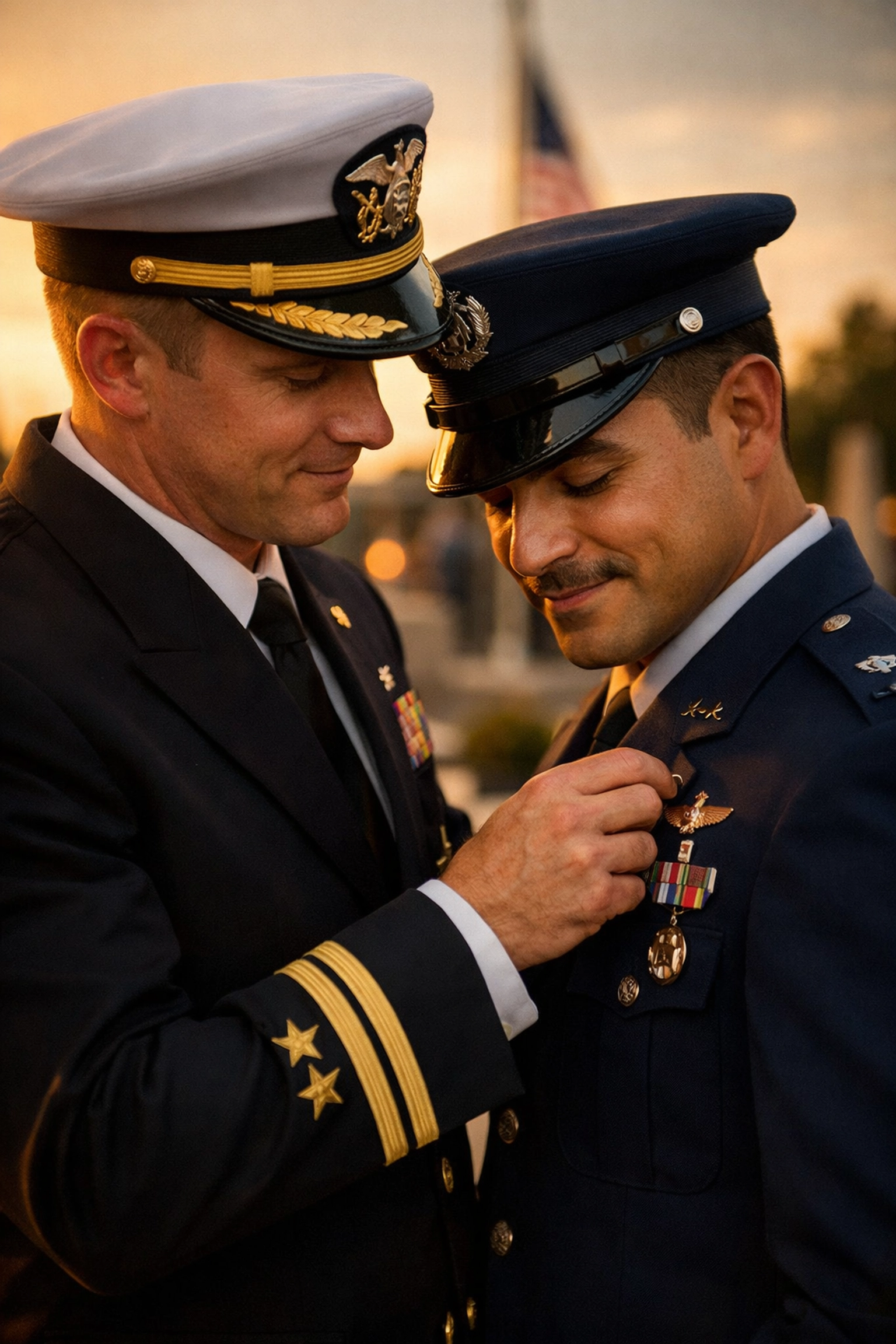 Gay military couple in dress uniforms sharing intimate moment showing LGBTQ+ progress in armed forces