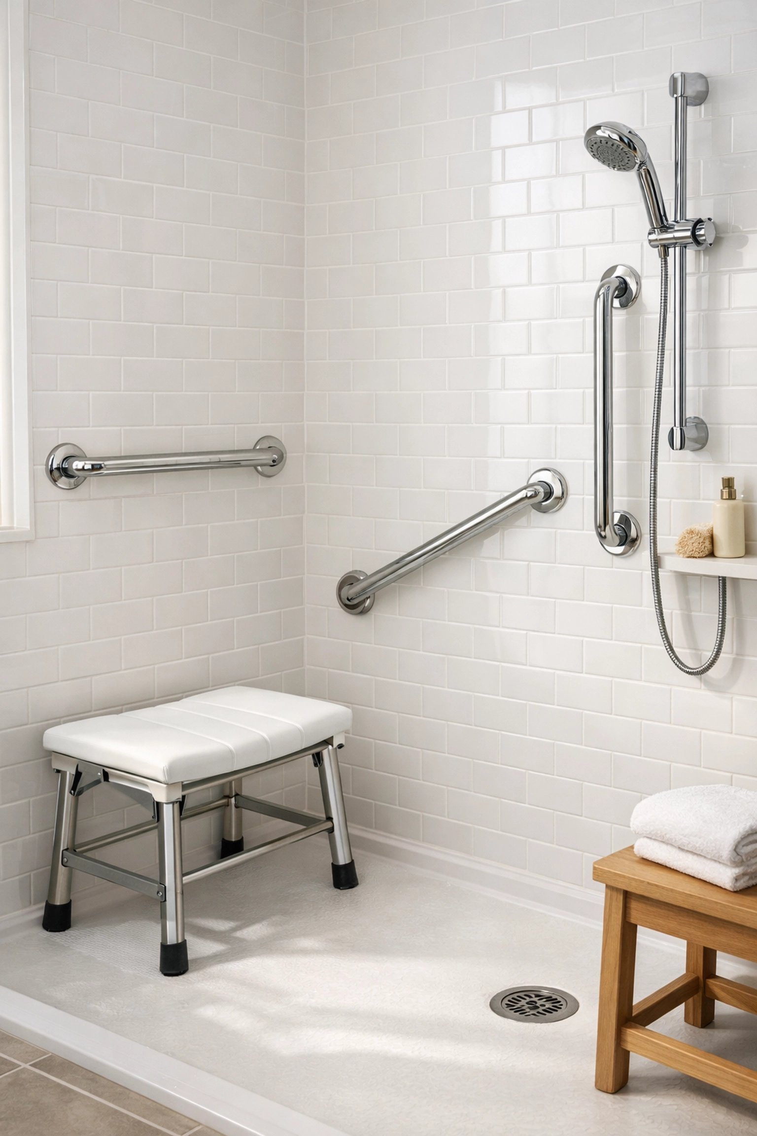 Modern bathroom with safety grab bars, walk-in shower, and bench for senior fall prevention.