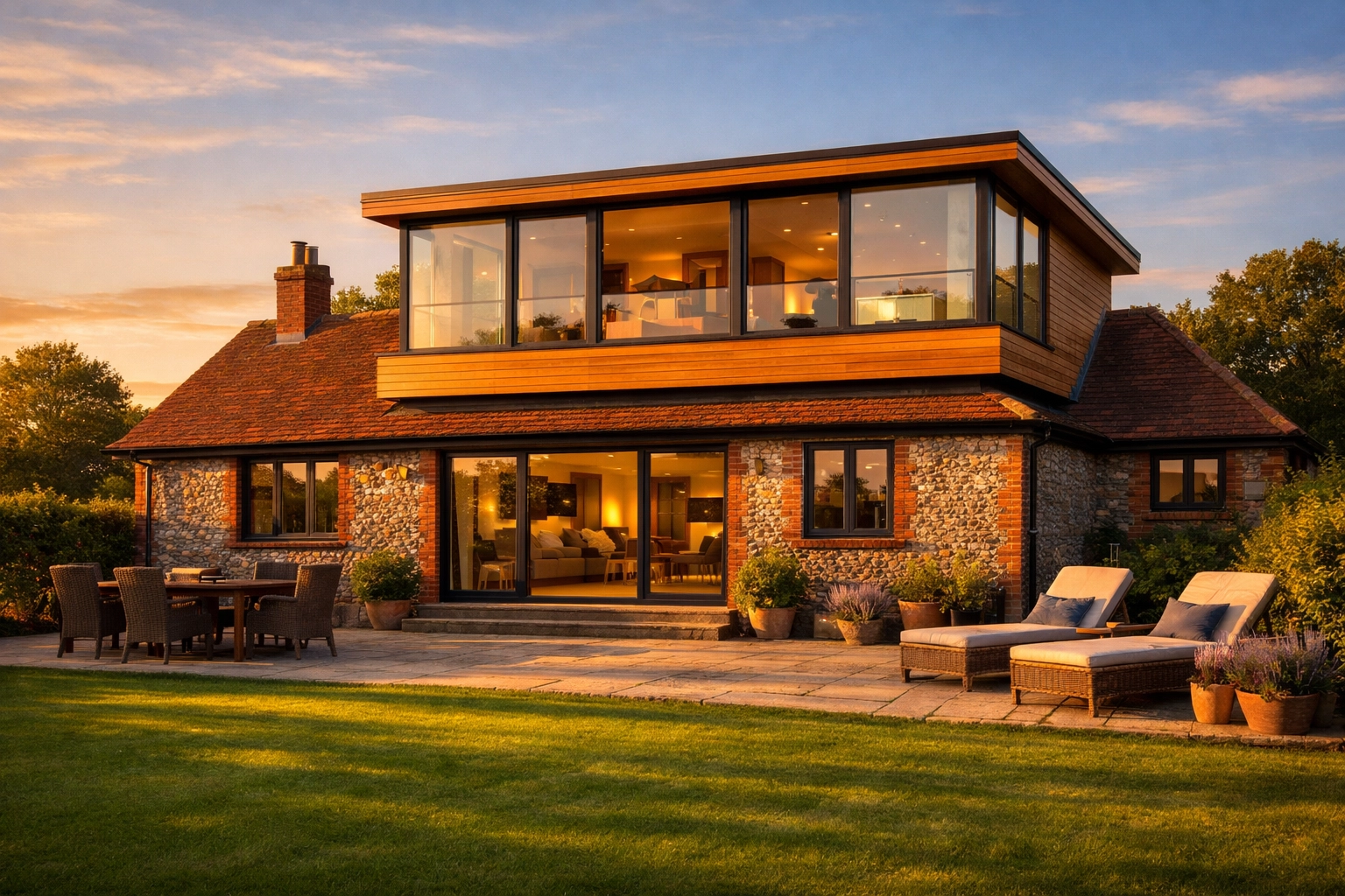 Modern second-floor extension on a West Sussex bungalow with flint walls and cedar cladding.