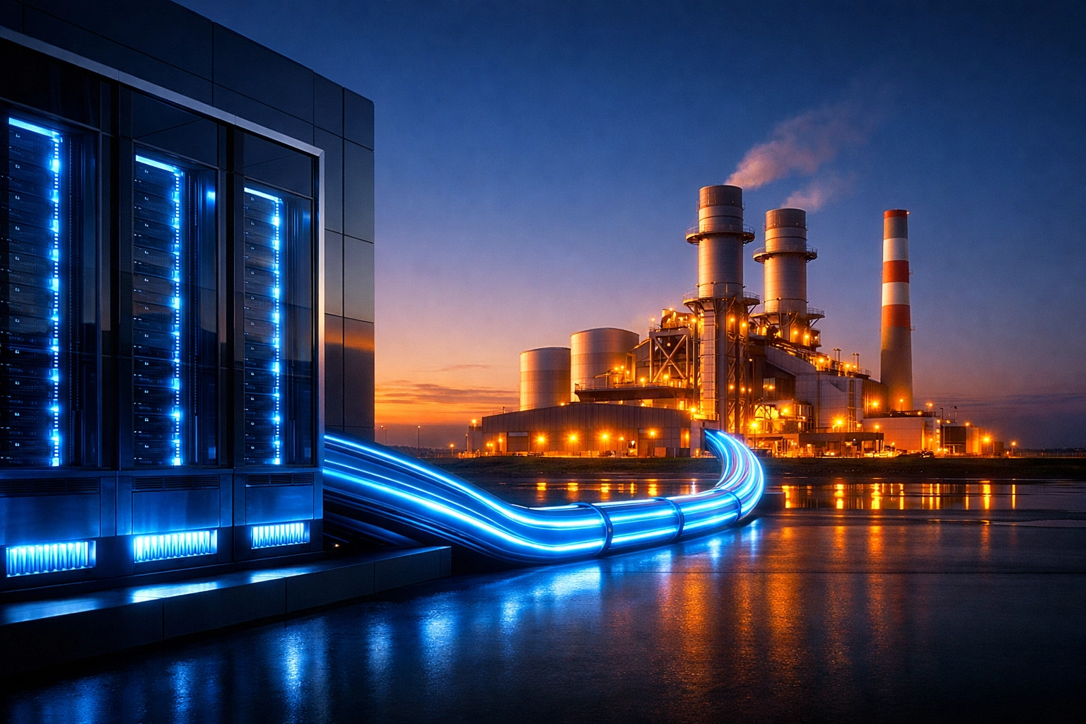 A high-tech data center powered by a natural gas station, illustrating energy policy for AI infrastructure.