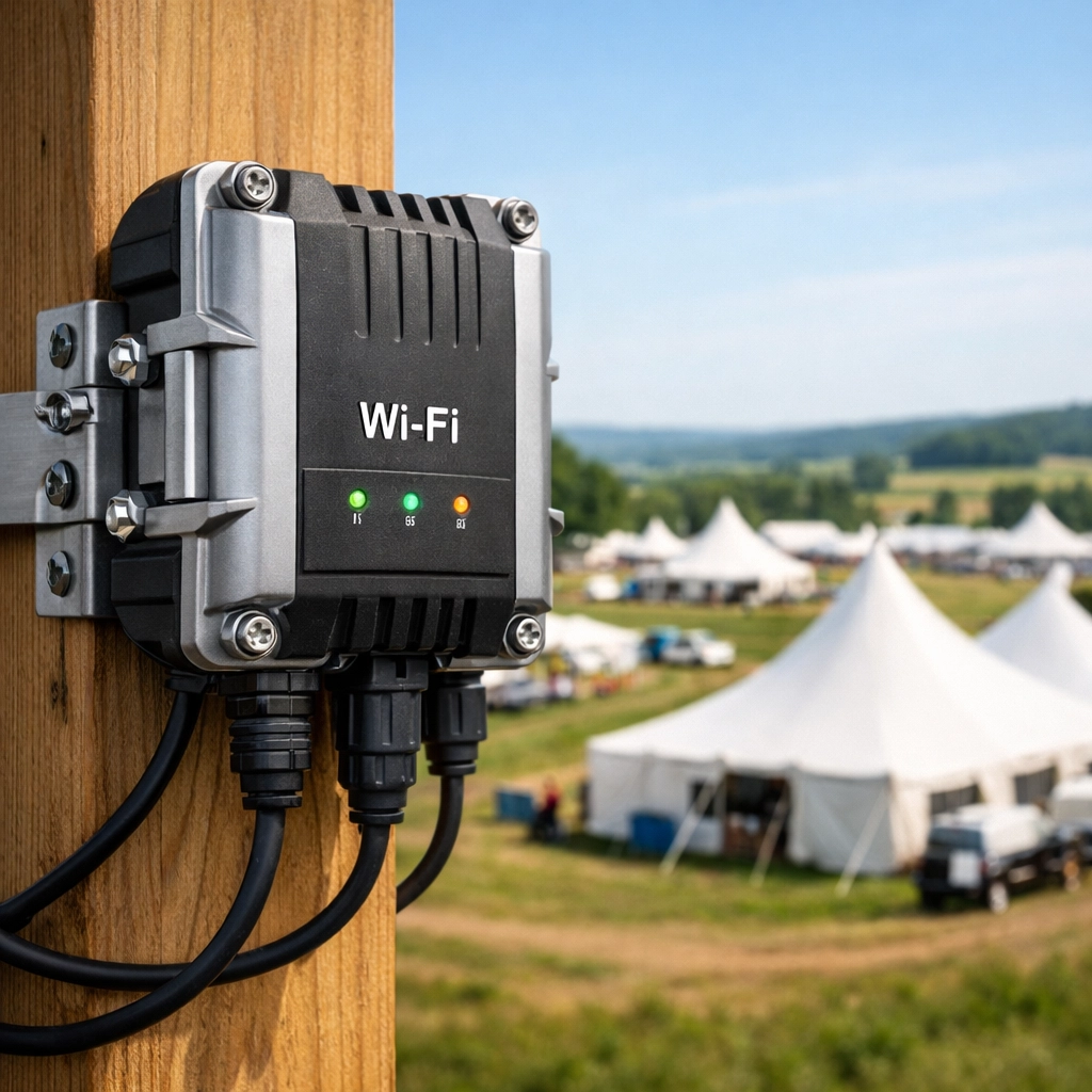 Professional event WiFi access point providing reliable internet connectivity at an outdoor rural venue.