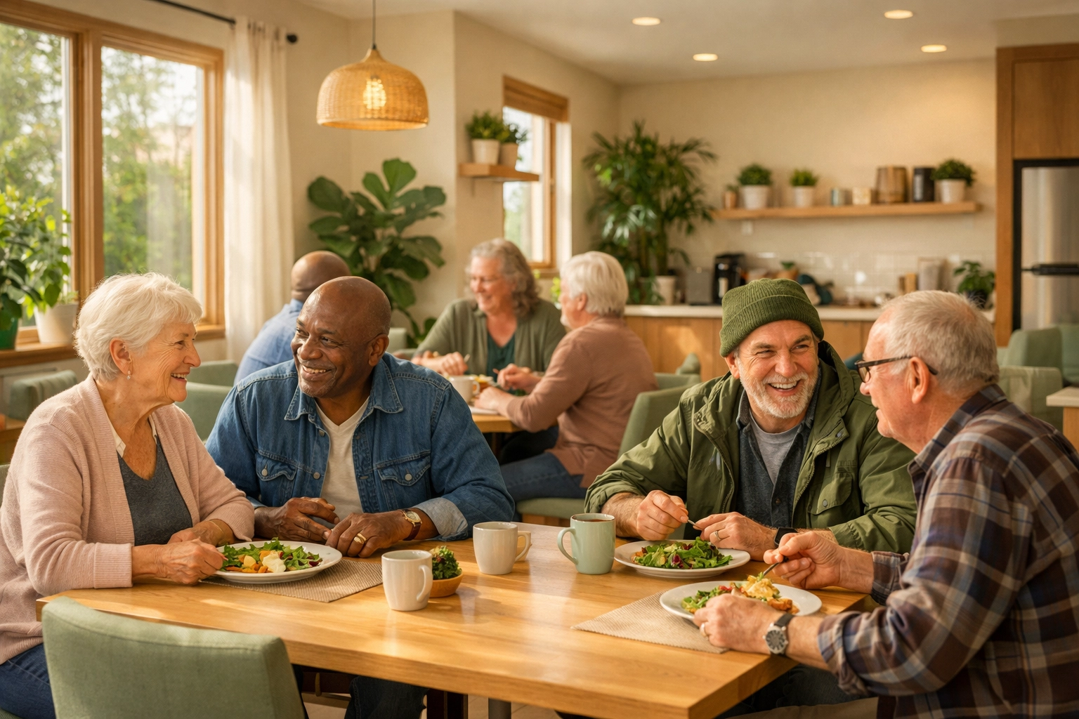 Seniors and residents sharing meals together in Housing Hub communal dining space