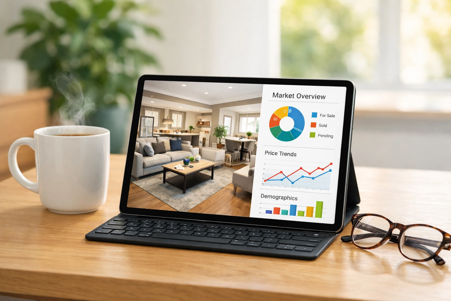 Tablet displaying AI-driven real estate marketing strategies for selling a home in Goodyear Arizona.