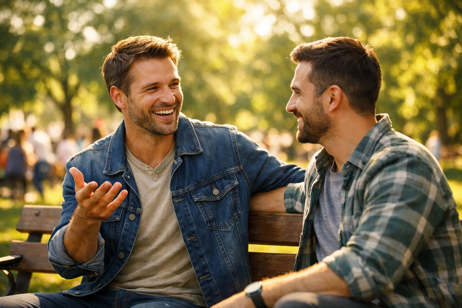 Two men share a faith-filled testimony and encouragement while sitting on a sunlit park bench.