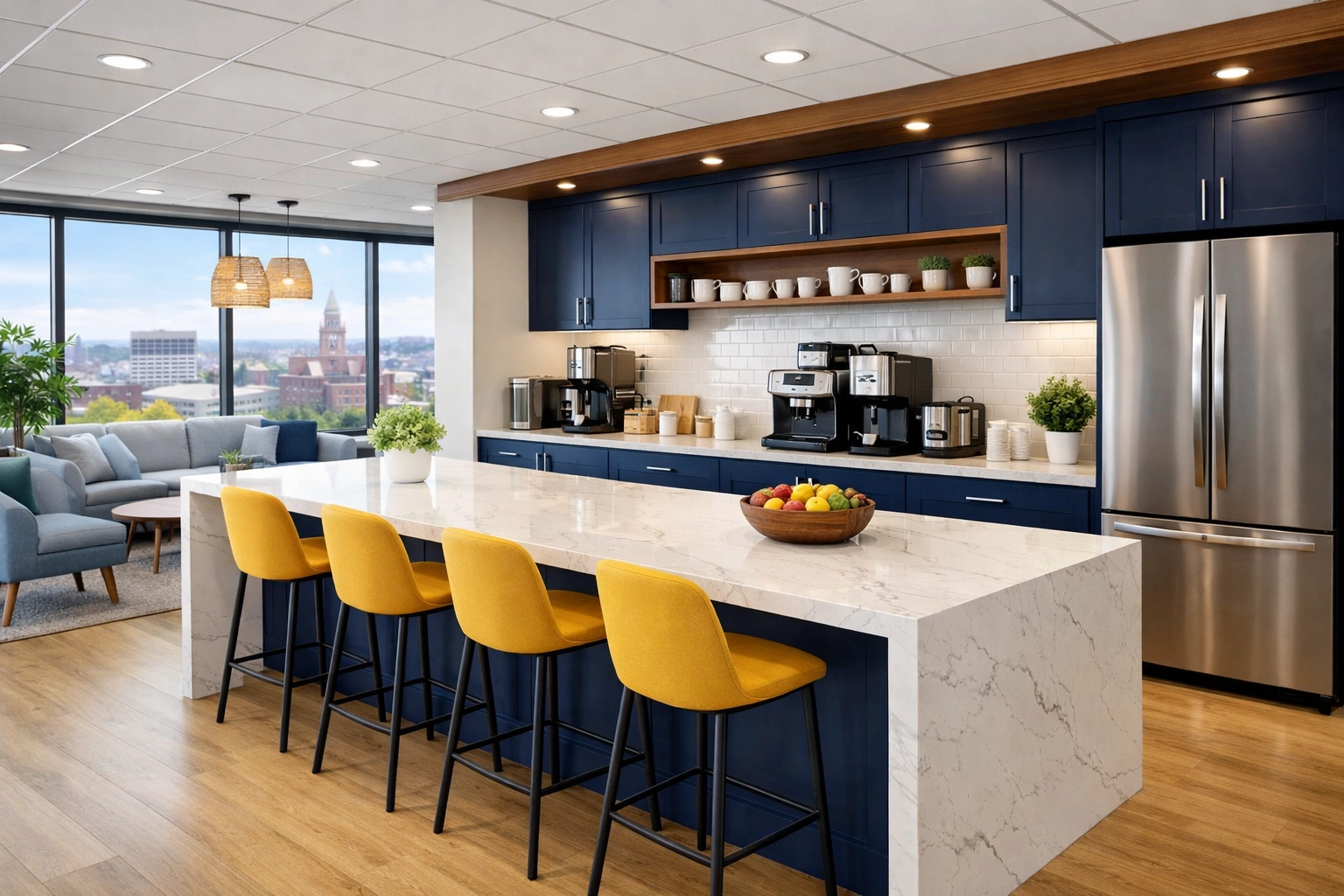 Spotless modern office breakroom with clean marble countertops from professional Worcester office cleaning.