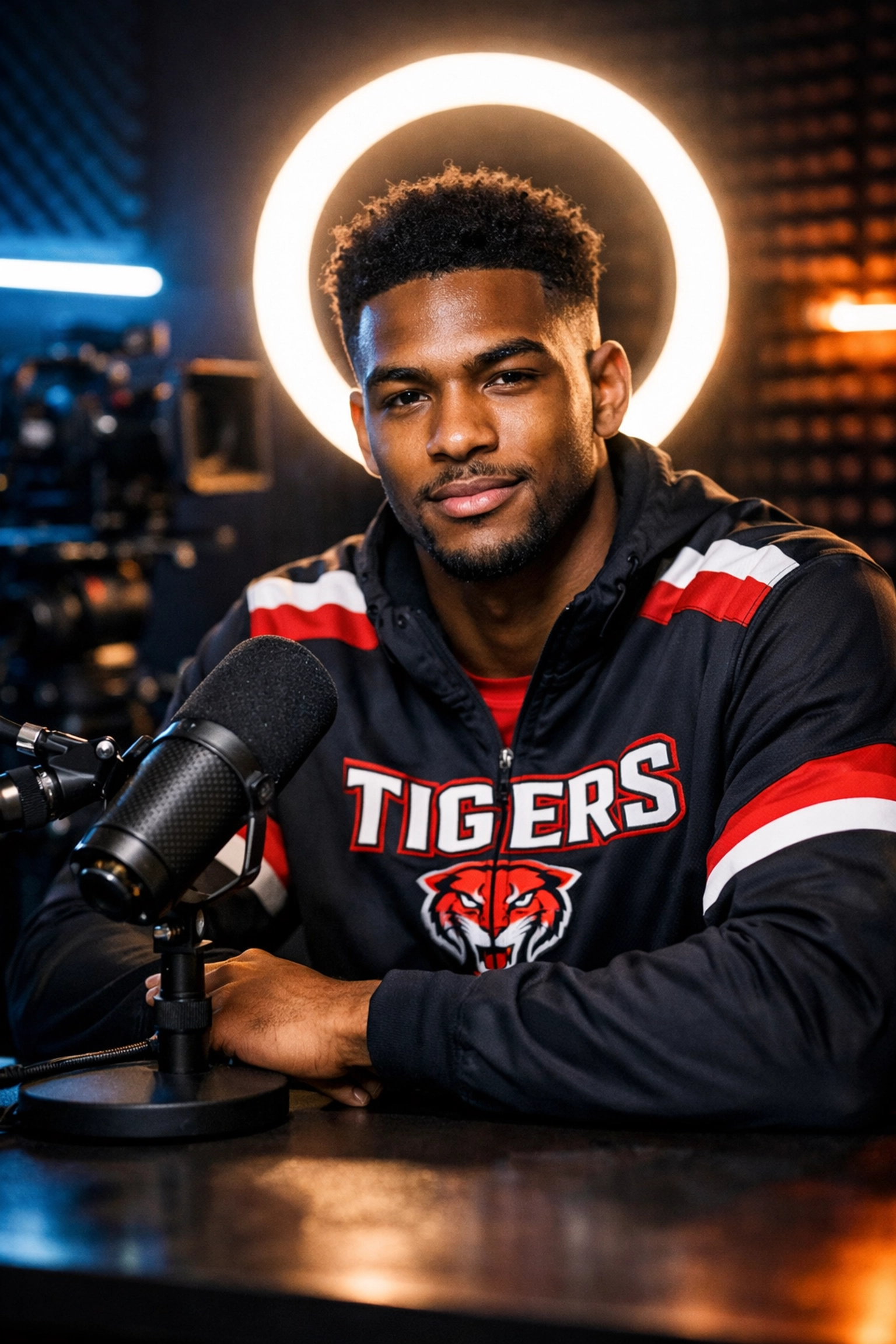 Focused college athlete building a personal brand in a professional digital media studio with professional equipment.