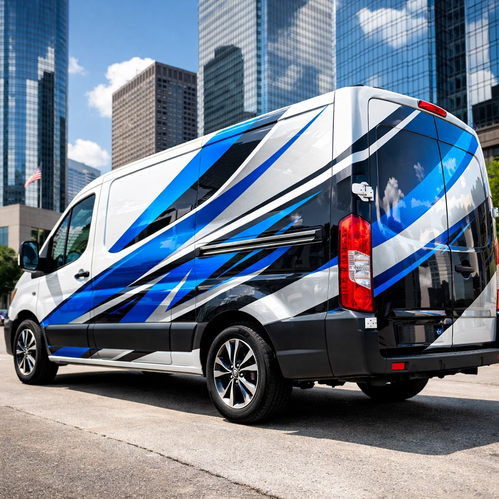 White service van featuring a custom partial vinyl wrap for professional mobile advertising in Dallas-Fort Worth.