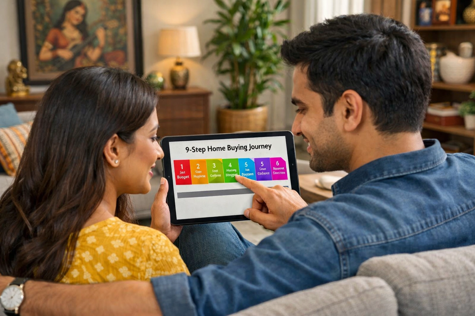 Young Indian couple tracking their progress through the digital property registration steps on a tablet.