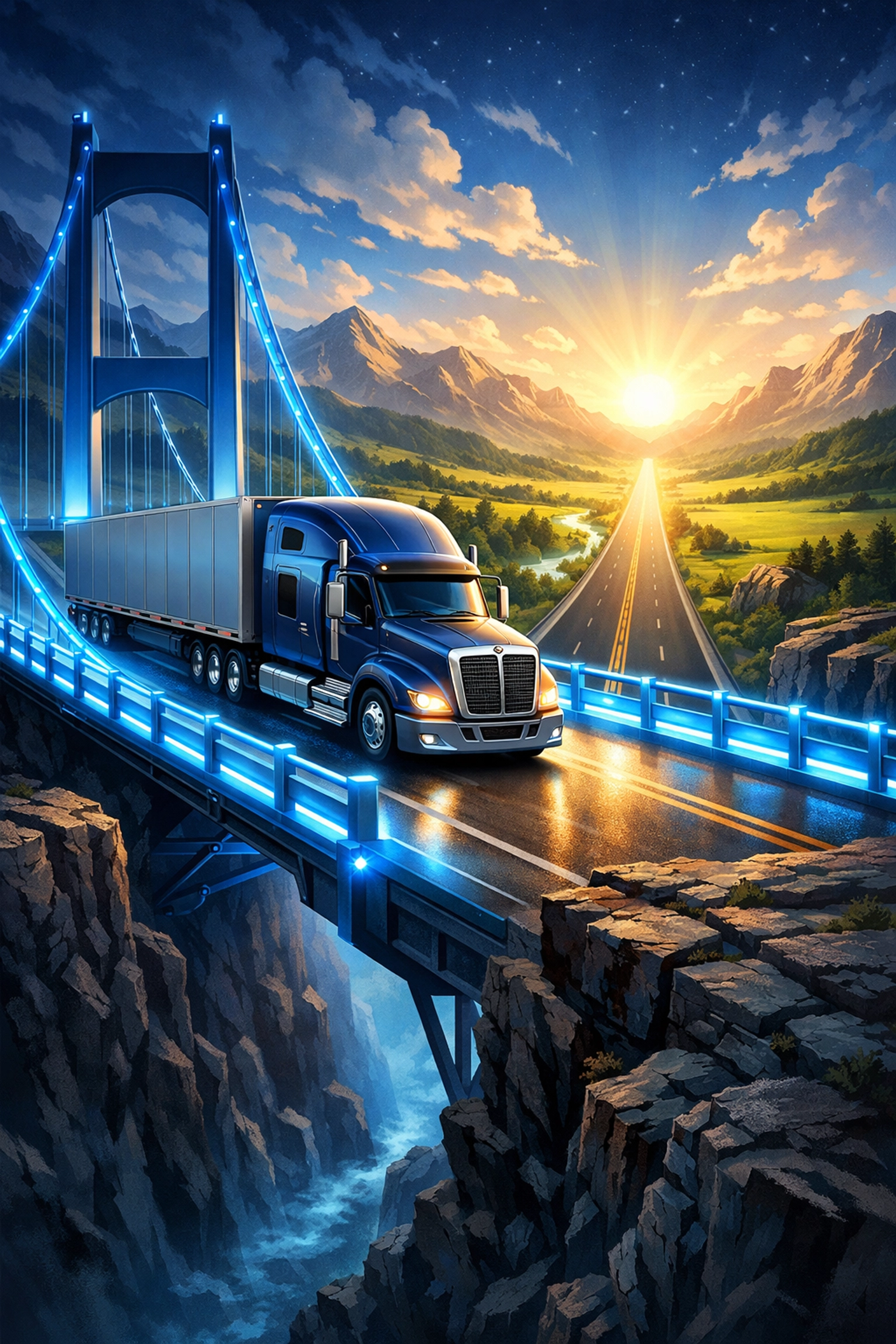 Semi-truck crossing a bridge over a chasm to a sunlit highway, representing the safety of leasing onto a carrier.